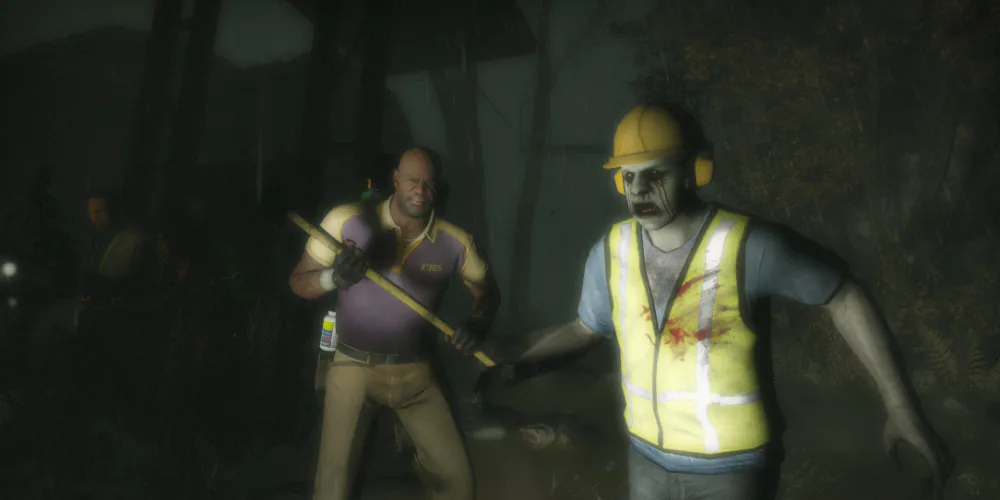 Coach sur le point d'attaquer un zombie ouvrier du bâtiment