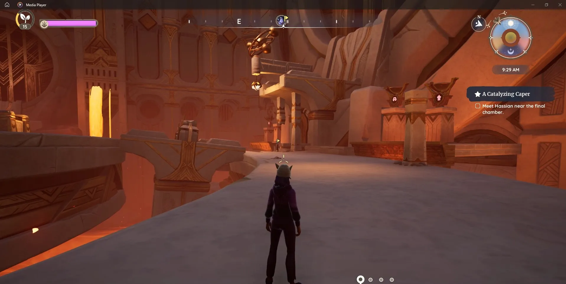 Palia火神殿，角色站在门厅，与远处标有任务旗标记的Hassian站在一起的场景。