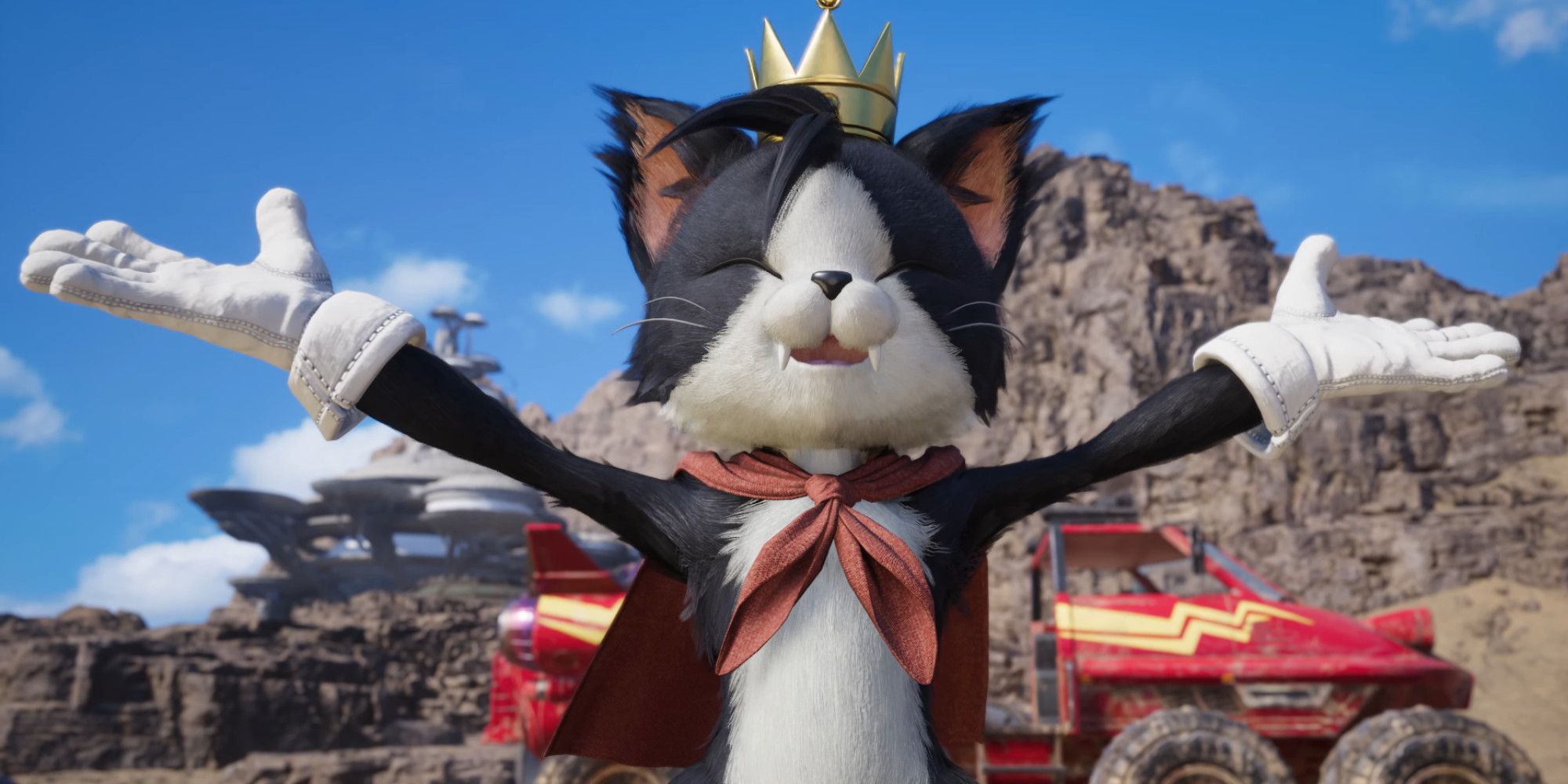 Cait Sith with his arms out in front of a vehicle in Final Fantasy 7 Rebirth