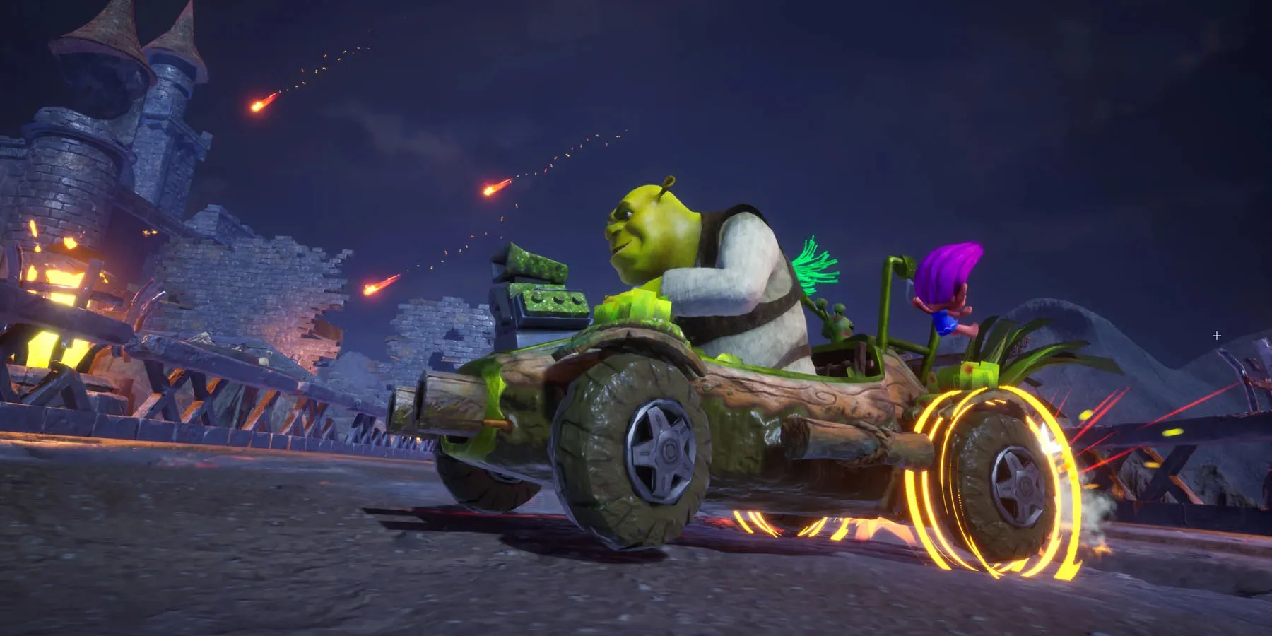 Screenshot di Shrek che corre su un percorso buio in DreamWorks All-Star Kart Racing