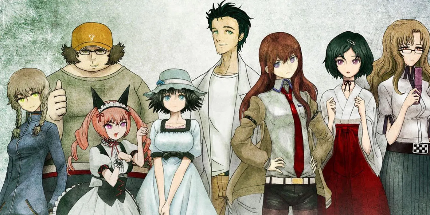 Il cast principale di Steins;Gate da sinistra a destra: Amane Suzuha, Hasida Itaru, Faris, Mayuri Shiina, Okabe Rintarou, Makise Kurisu, Luka Urushibara e Moeka Kiryu.