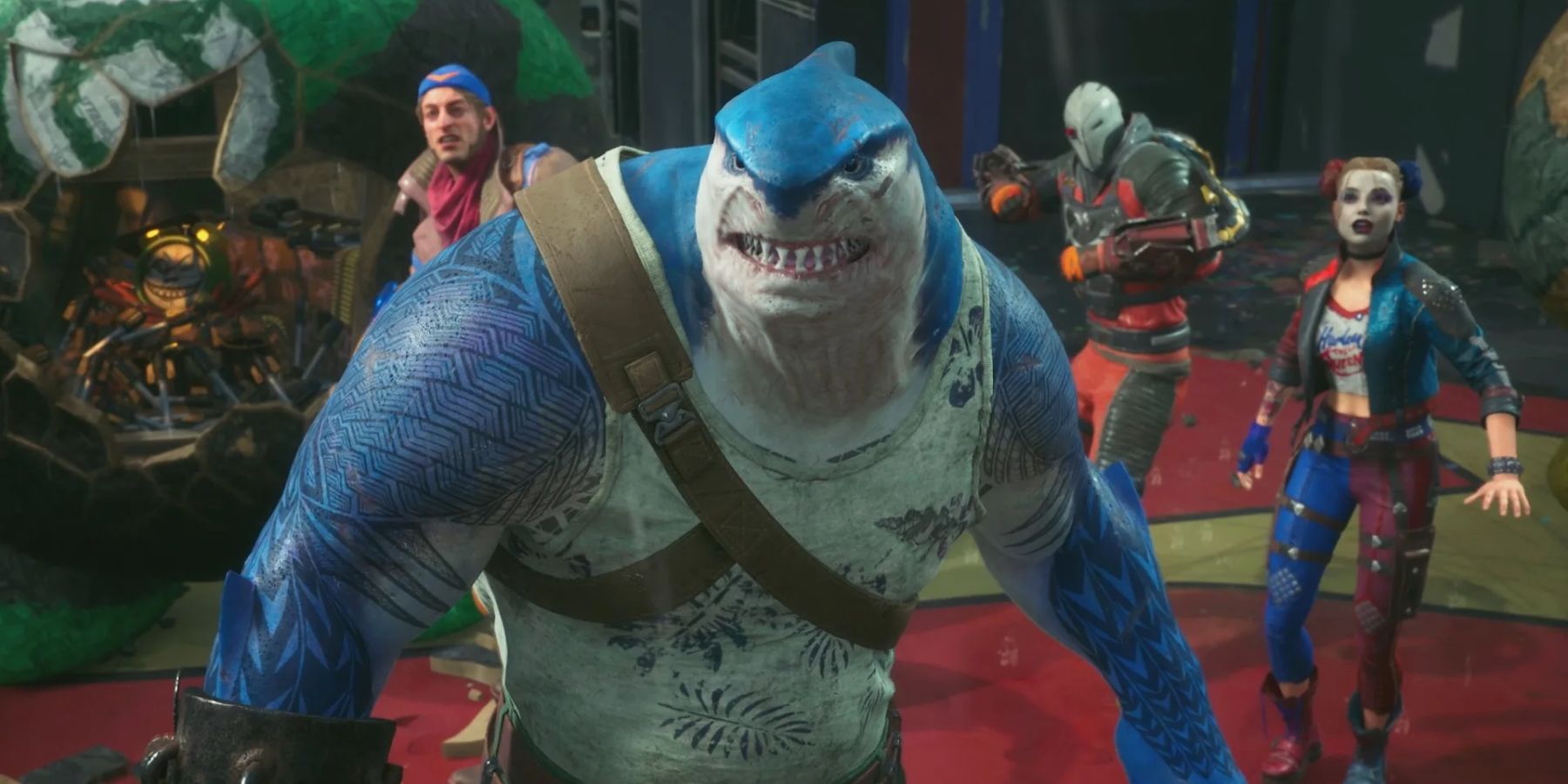King Shark standing in front of the Suicide Squad