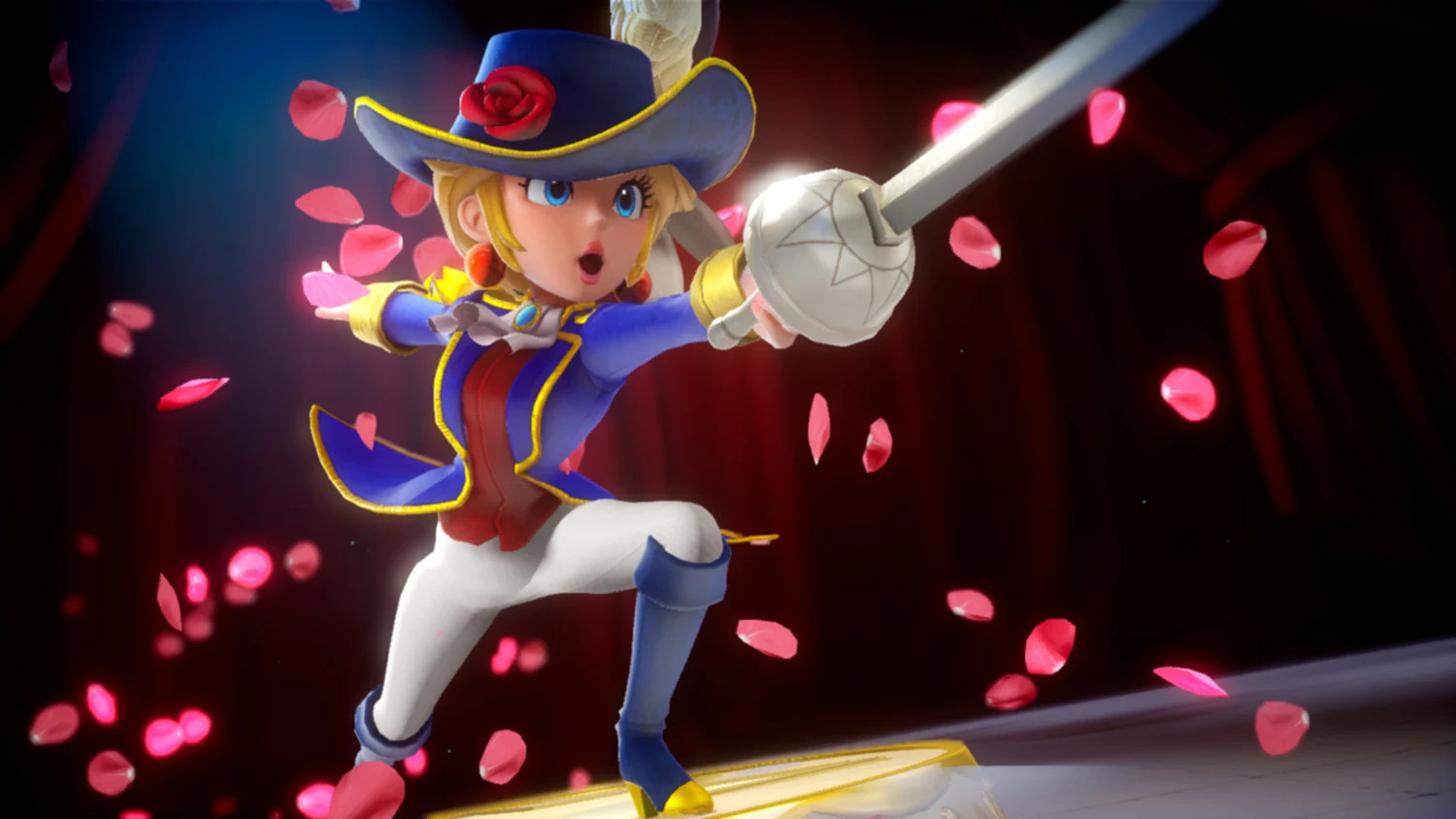 Снимок экрана из игры Принцесса Пич: Шоу-тайм, на котором Принцесса Пич указывает мечом