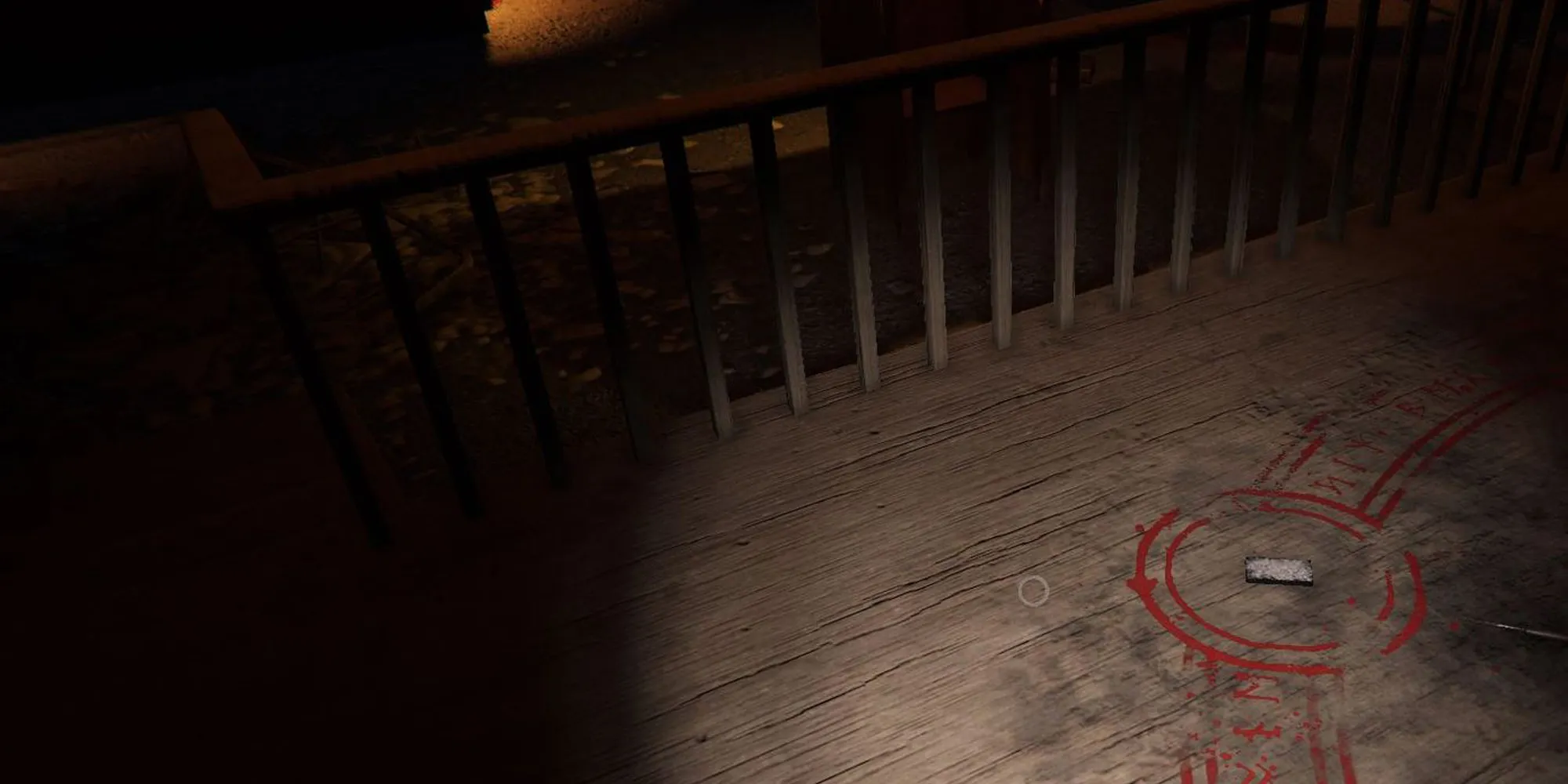 Image depicts the tarot cards in a red circle on the ground in the Chapel of Sunny Meadows in Phasmophobia.