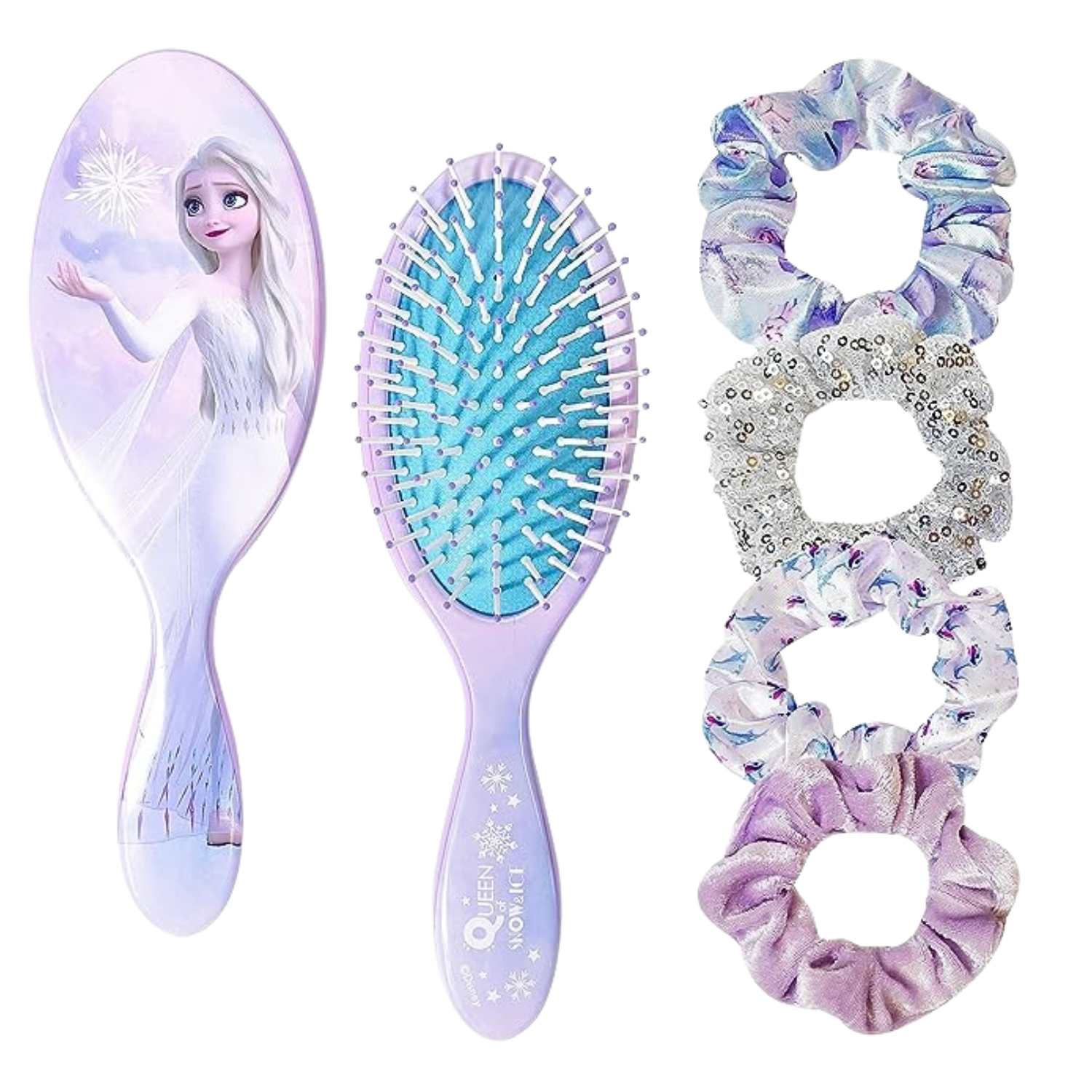 Questa immagine mostra l'immagine di una spazzola a tema Frozen e quattro fasce per capelli.