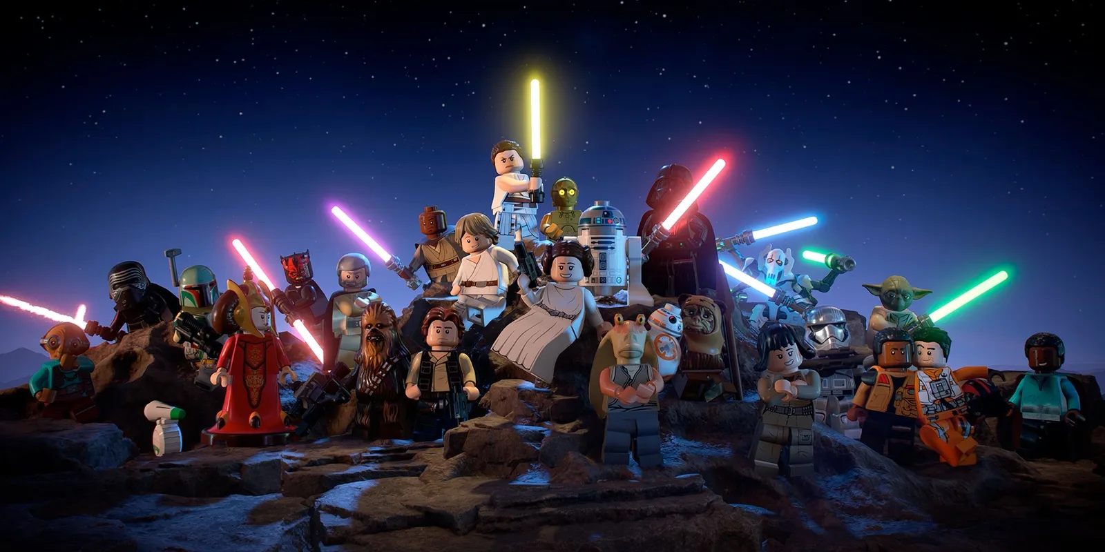星球大战系列中的多个角色以乐高形式站在一个岩石山丘上，背后是夜空