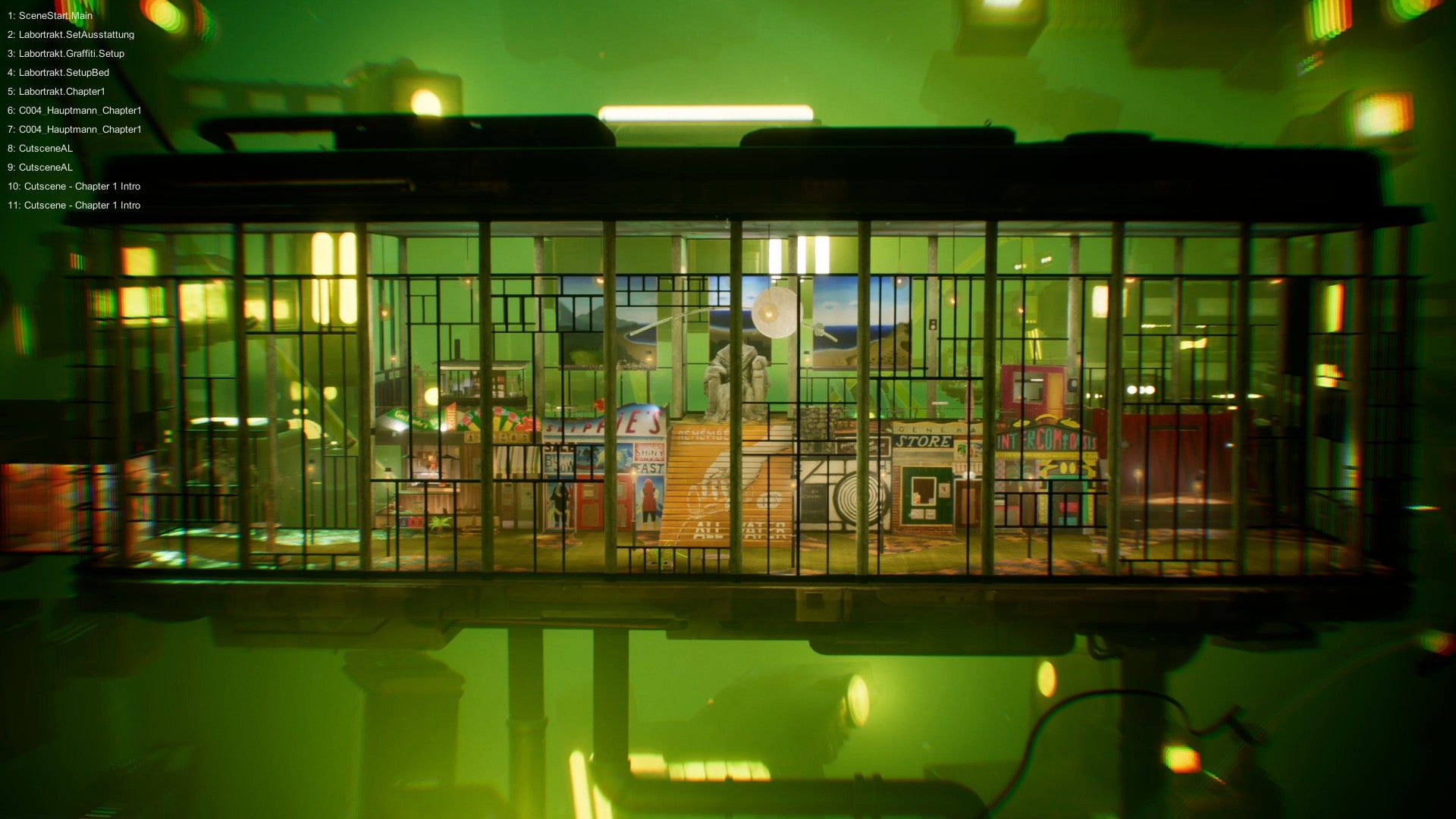 Harold Halibut游戏截图，展示被鲜绿海洋环绕的水下购物中心景象