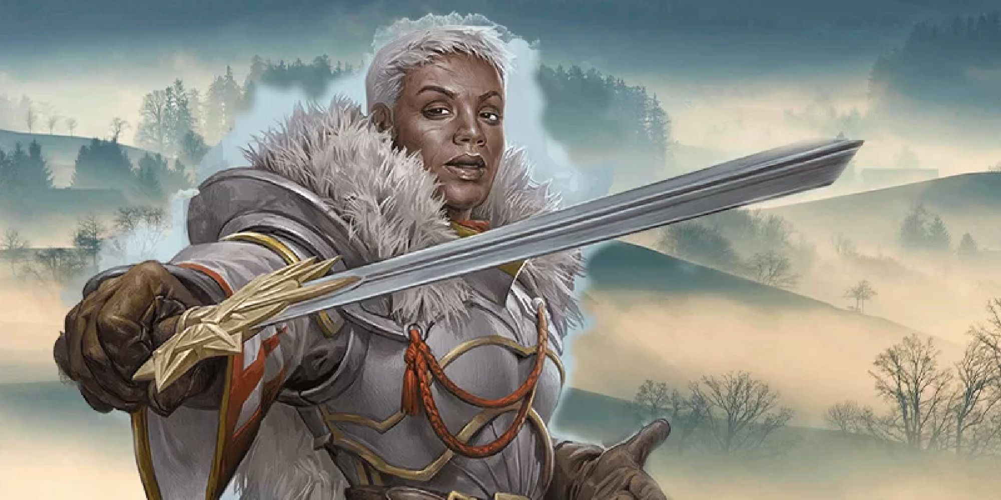 An armoured woman wrapped up against the weather of the tundra brandishes her sword in a challenging manner.