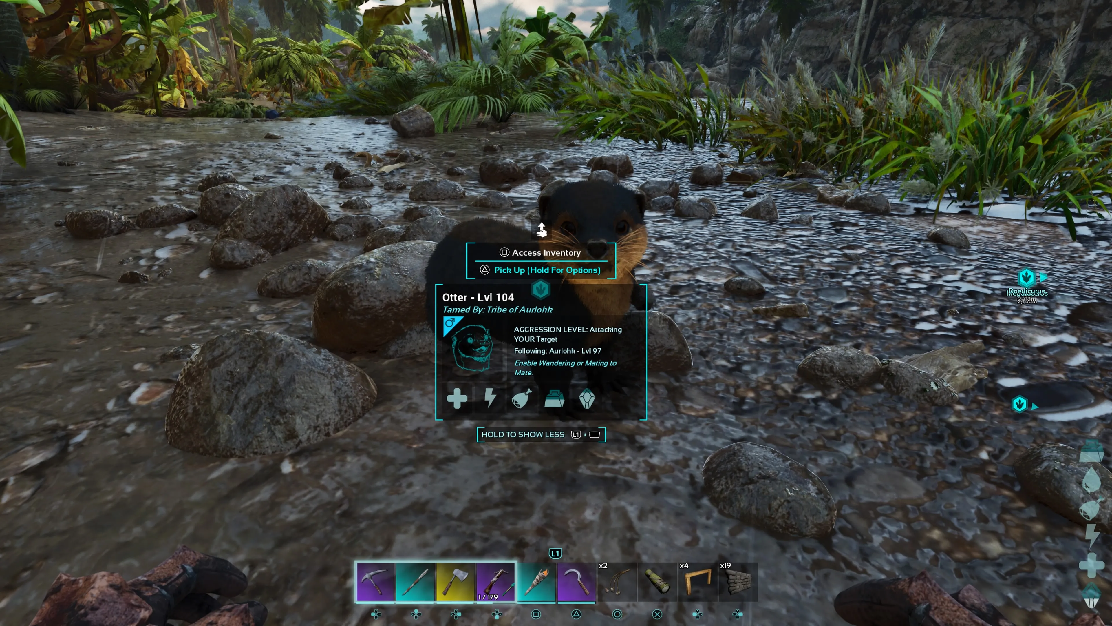 Personagem do jogador agachado e olhando para sua lontra domesticada, que tem a opção de ser carregada em ARK: Survival Ascended.