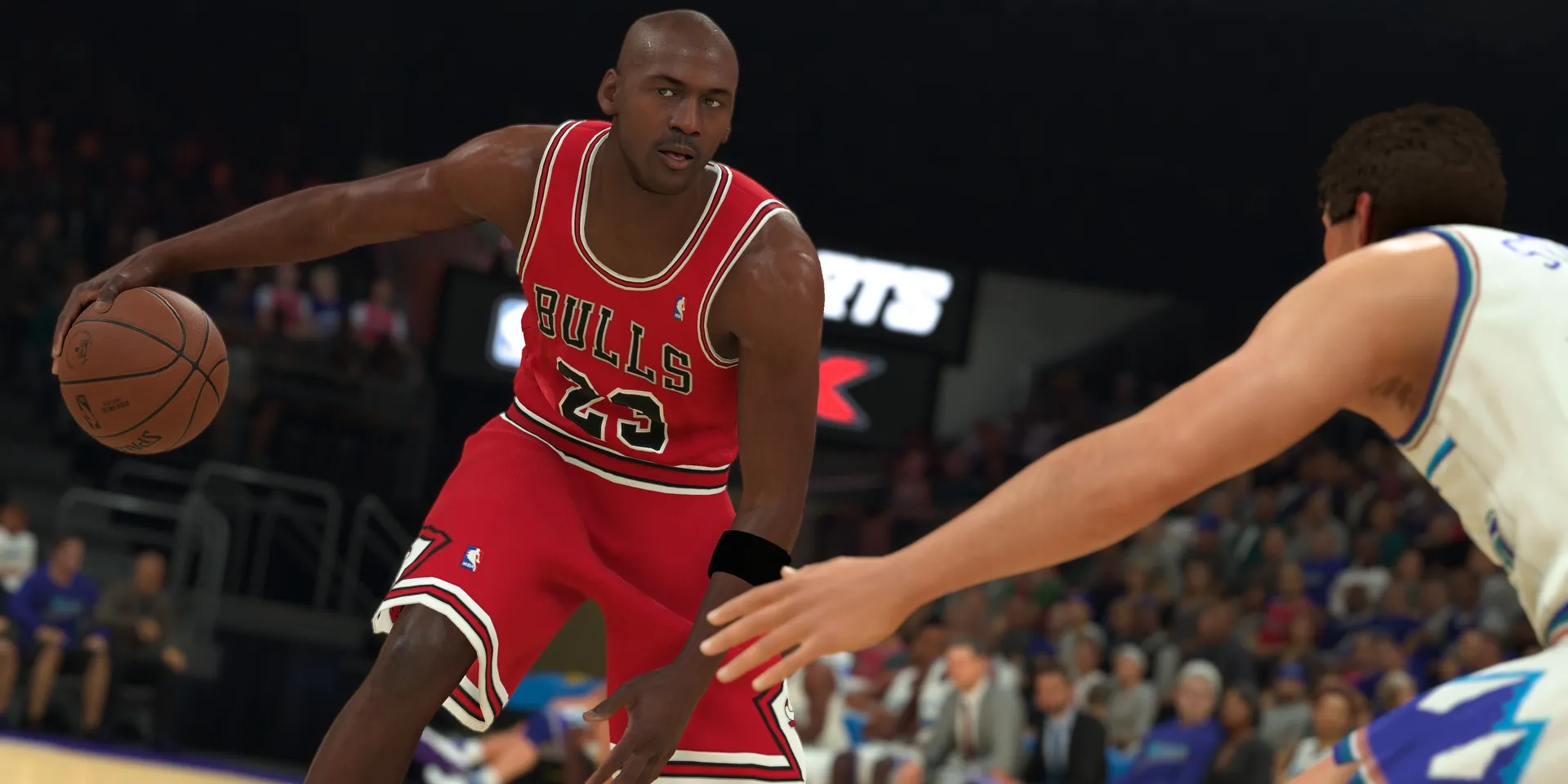 Michael Jordan affrontant un joueur dans NBA 2K23
