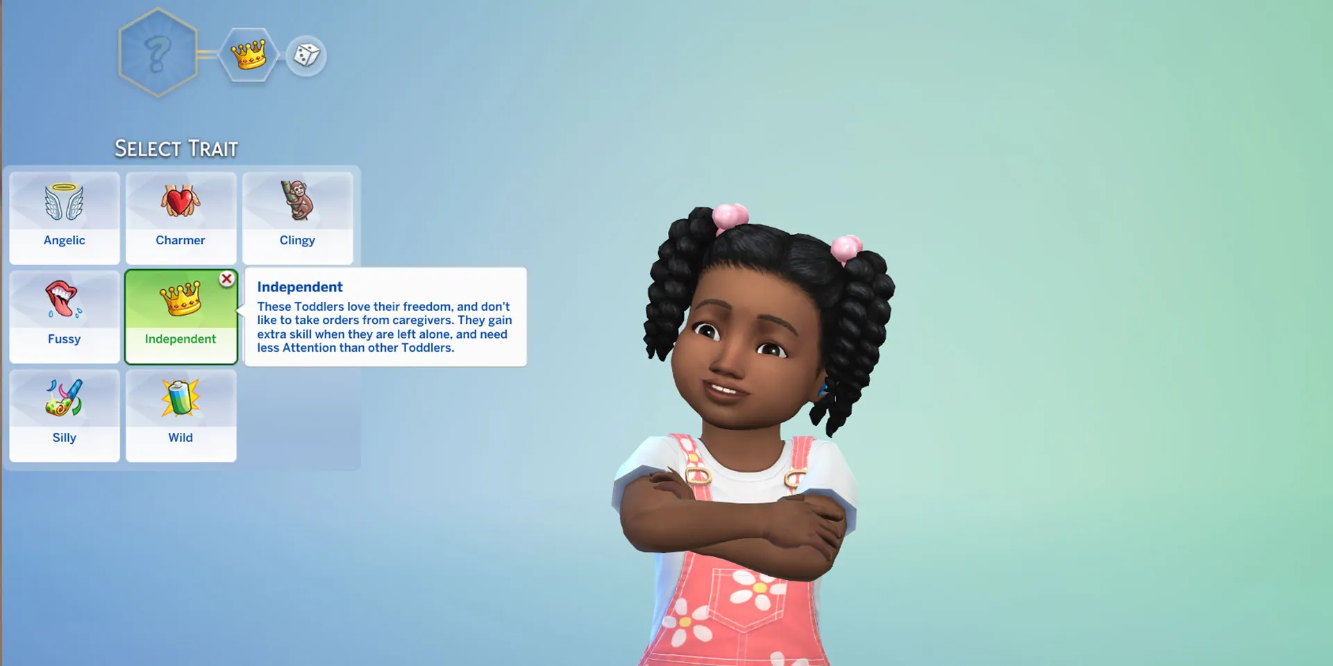 Un niño pequeño en Los Sims 4 con el rasgo Independiente seleccionado en Crea-Un-Sim.