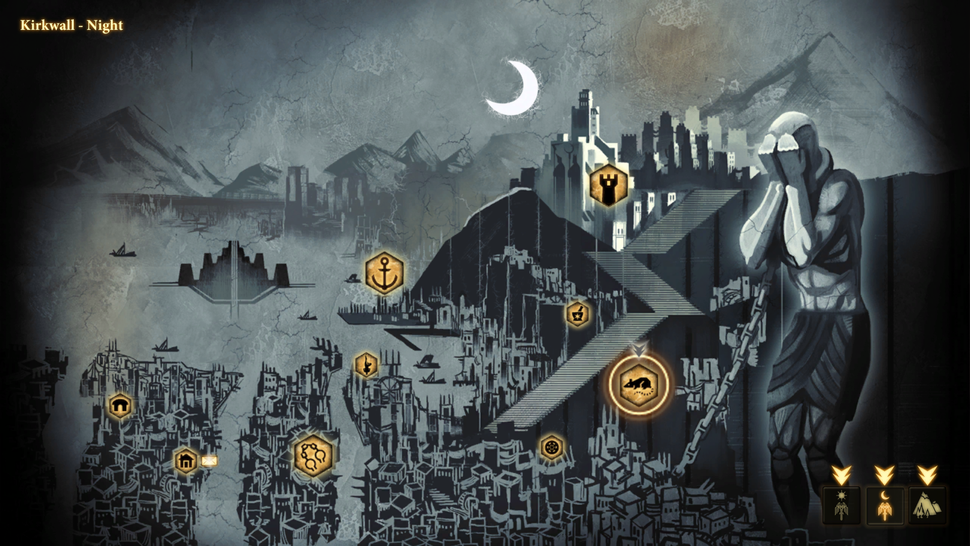 Un'illustrazione laterale di una città murata con una montagna sullo sfondo. È Kirkwall da Dragon Age 2.