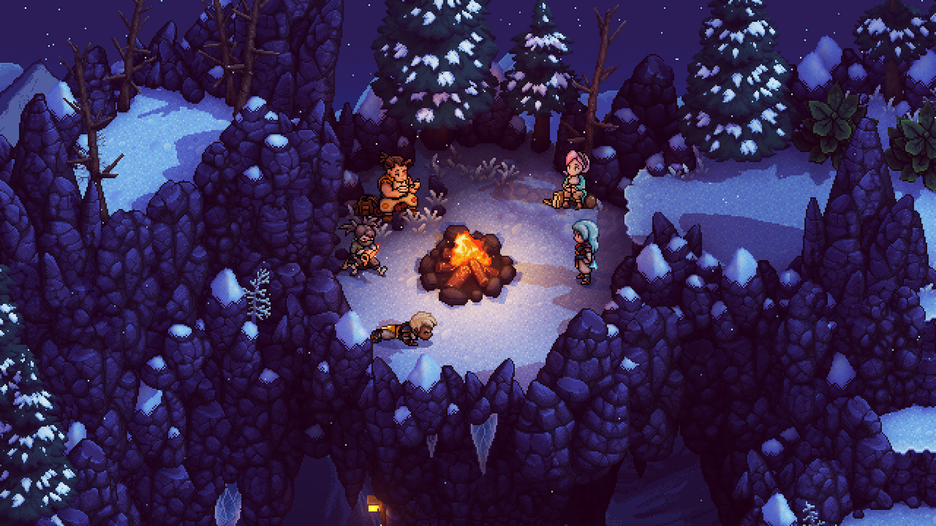 Screenshot di Sea Of Stars, che mostra il nostro gruppo di personaggi accampato vicino a un fuoco.