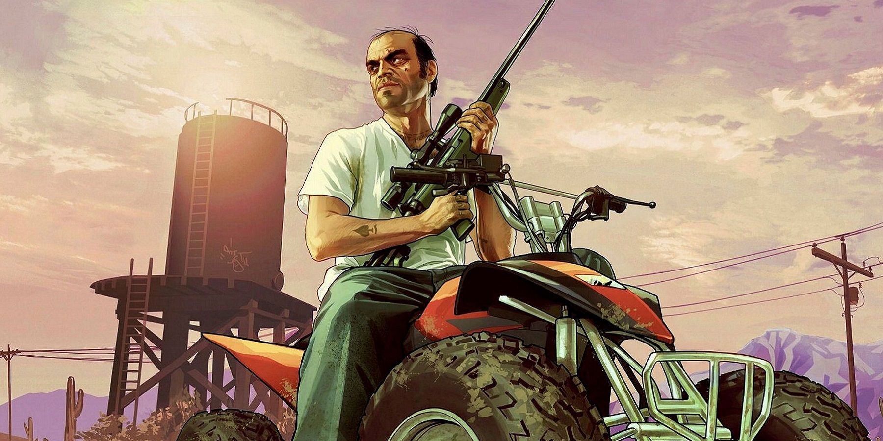 Una imagen de Grand Theft Auto 5 mostrando a Trevor en una cuatrimoto mientras sostiene un rifle de francotirador.