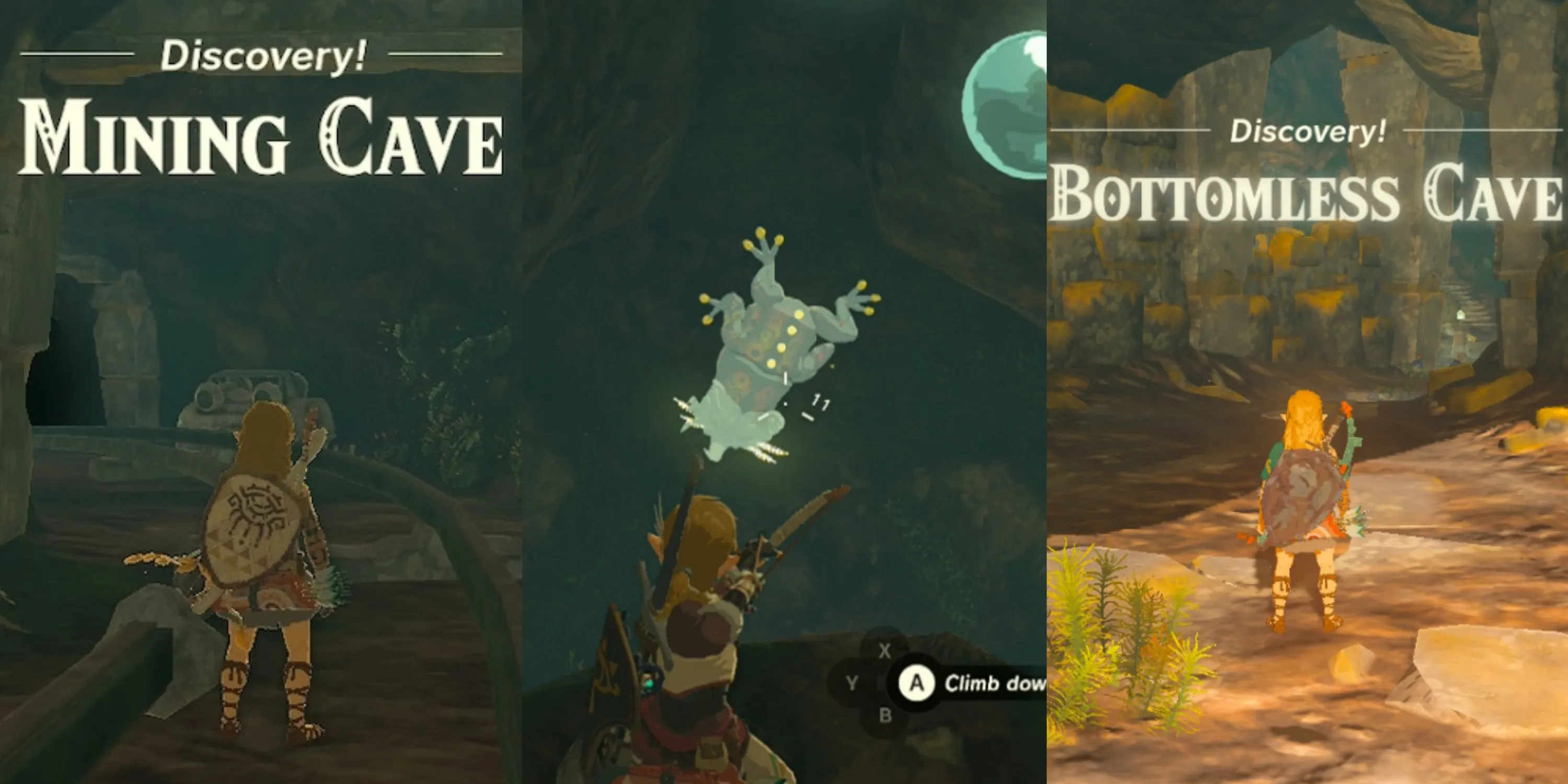 Discovering the mining cave, finding a Bubblefrong on the walls of the pit cave and discoverying the bottomless cave