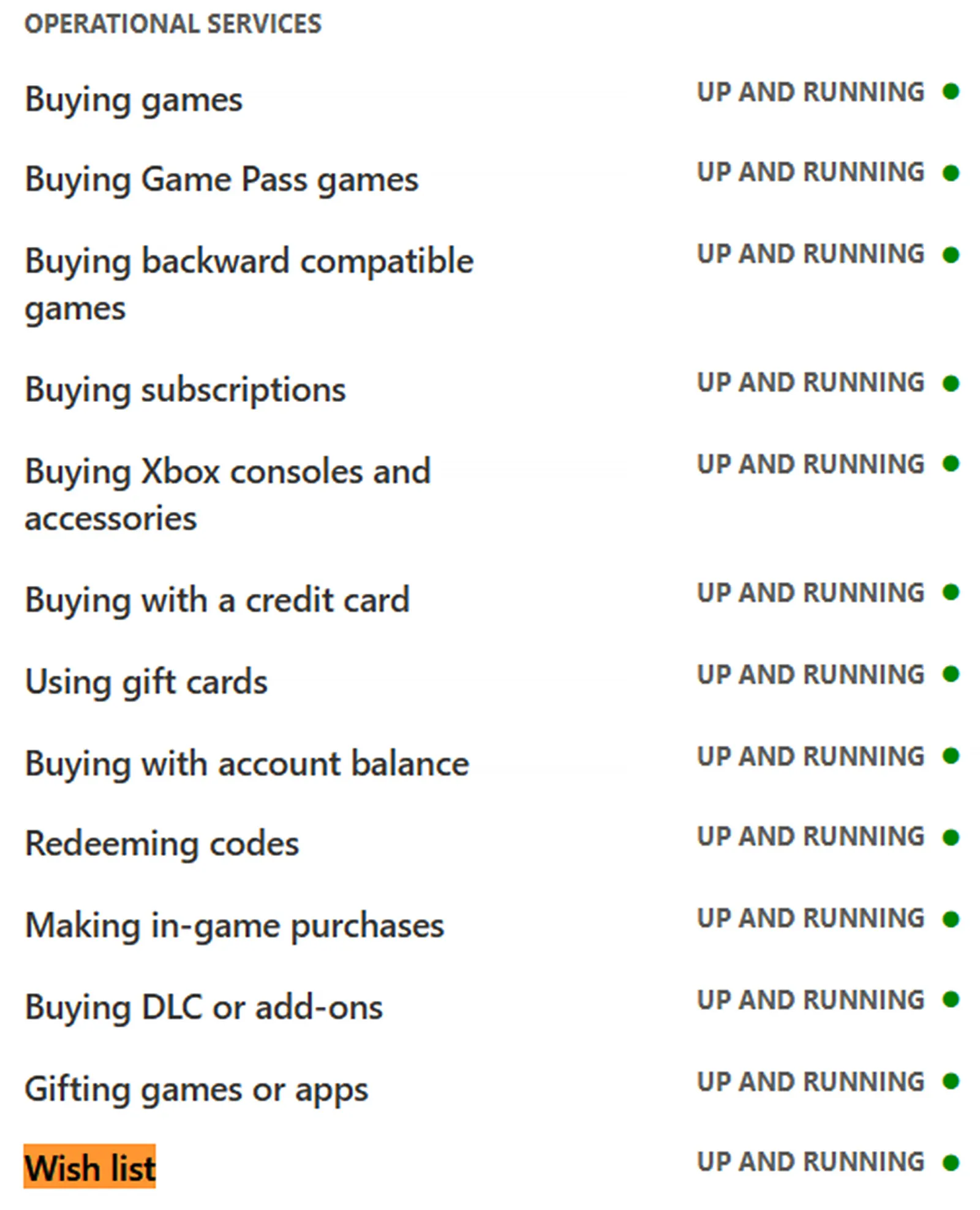 Capture d'écran de la liste de souhaits des services opérationnels Xbox