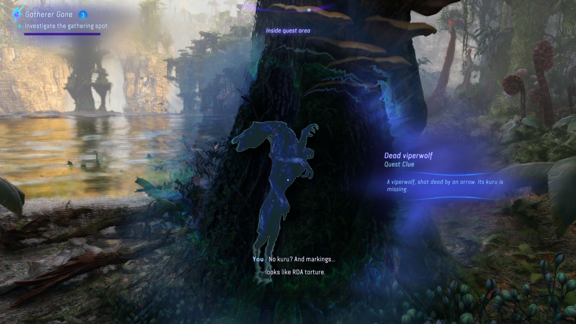 Un indice de Viperwolf mort planté dans un arbre lors de la quête Gatherer Gone dans Avatar: Frontiers Of Pandora.