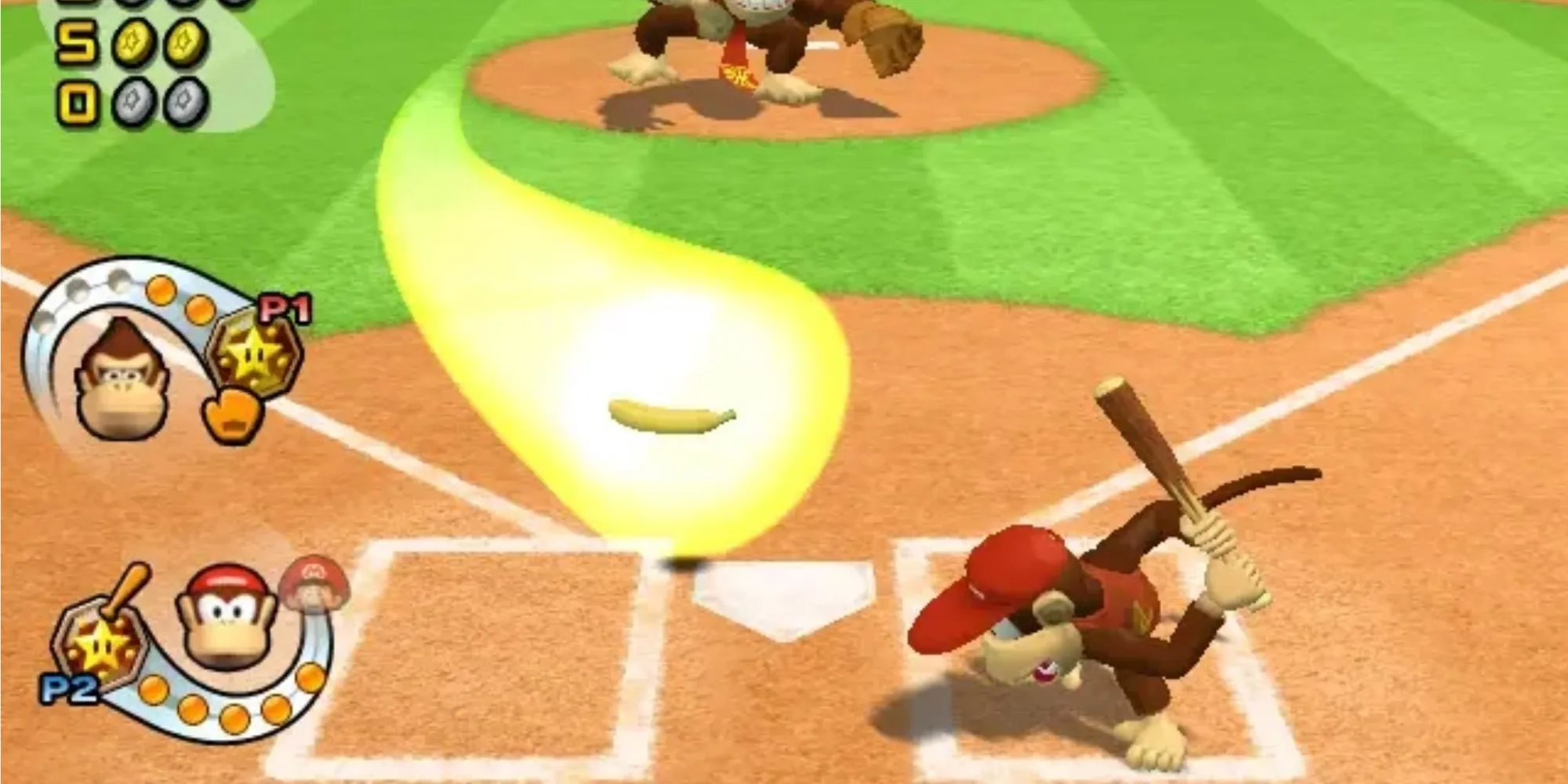 Frapper en tant que Diddy Kong dans Mario Superstar Baseball