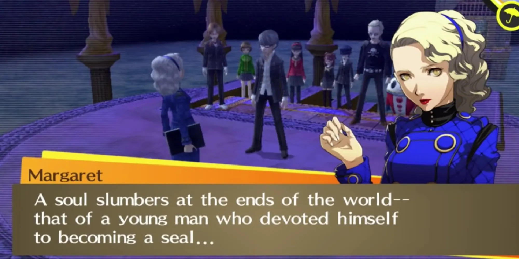 Persona 4 protagonist talking to Margaret after her boss fight, with the rest of the cast behind them