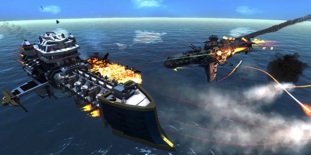Custom plane firing down at a giant war ship