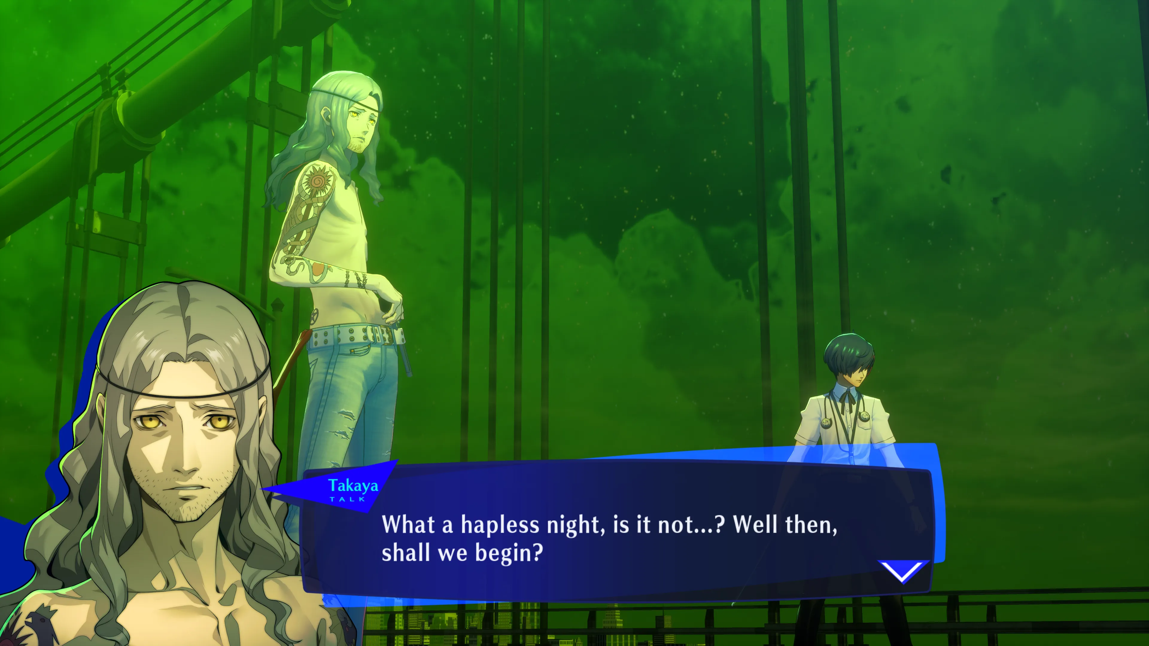 Takaya가 Persona 3 Reload에서 다리 위로 Makoto에 접근하는 모습