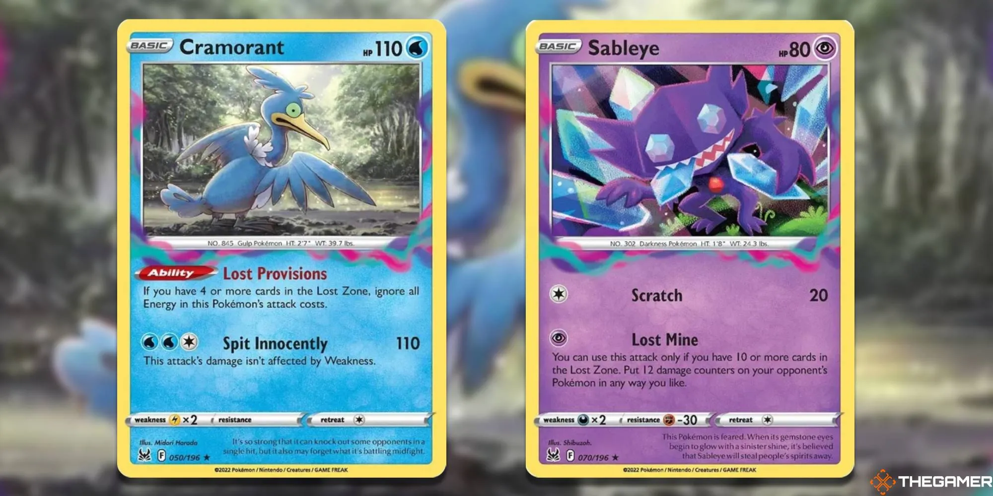 Pokemon TCG Cramorant and Sableye with blurred background and GameTopic logo