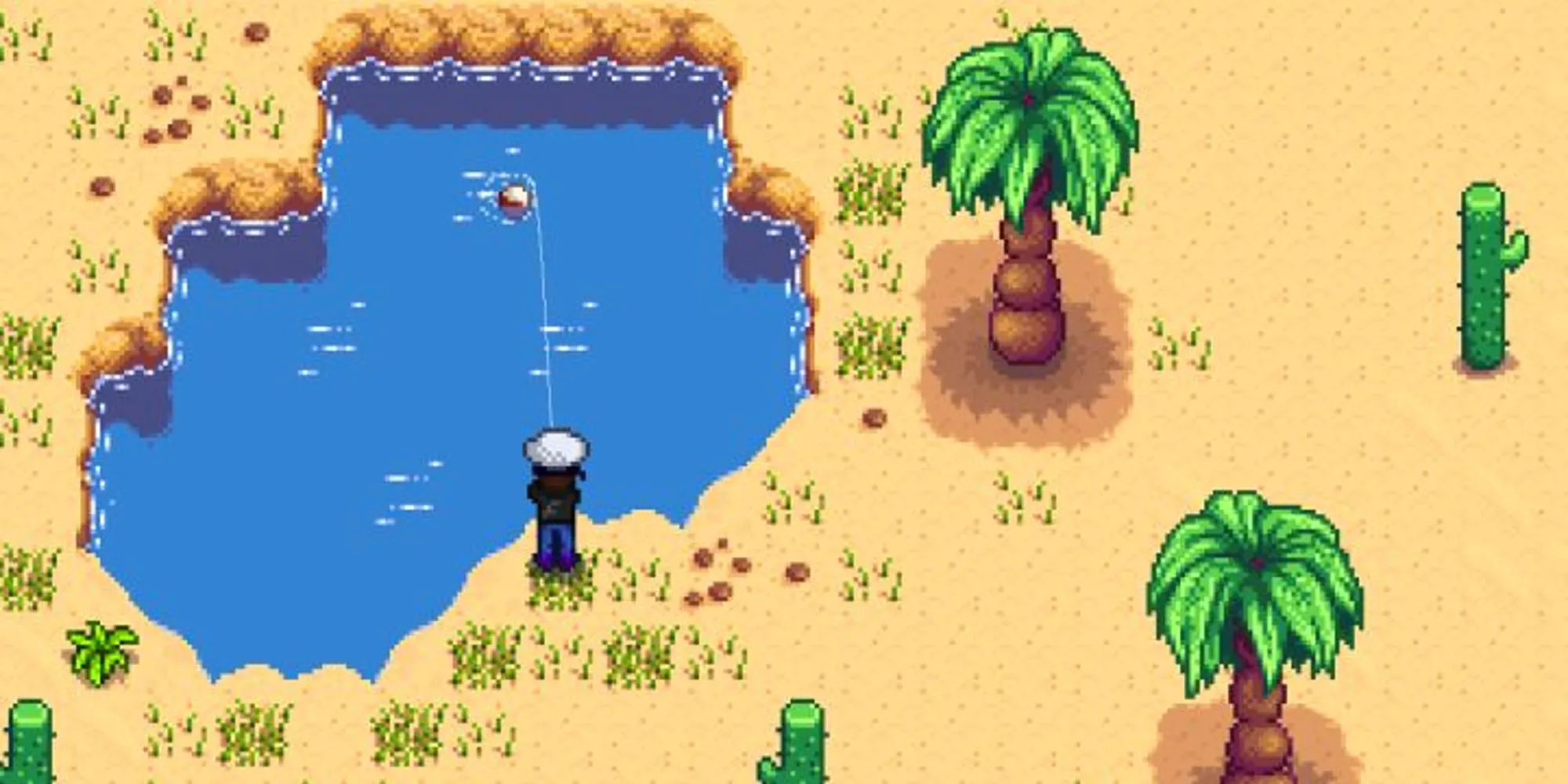 사막 연못에서 낚시하는 플레이어