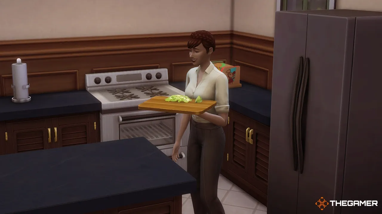 星座挑战中的女性Sim在厨房里做饭