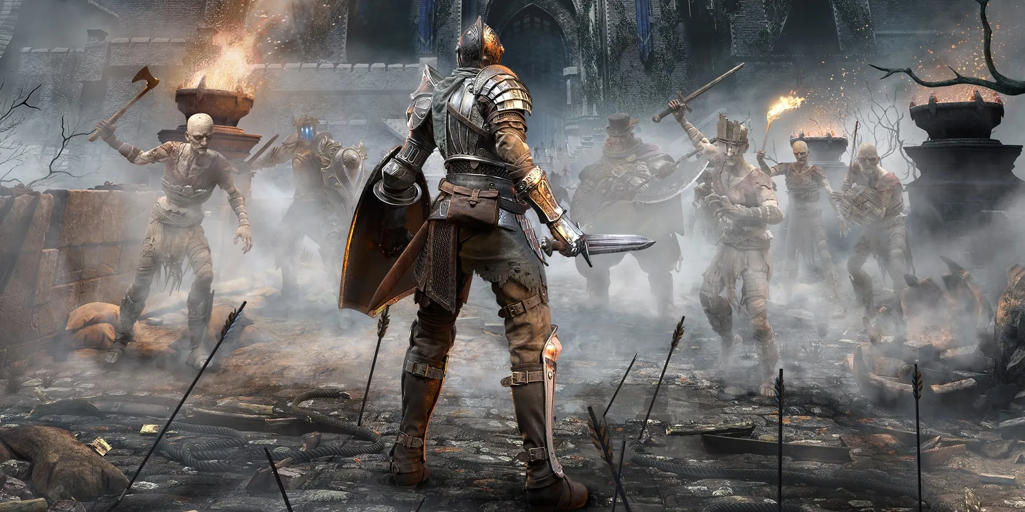Персонаж стойко стоящий перед врагами на поле боя в Demon's Souls