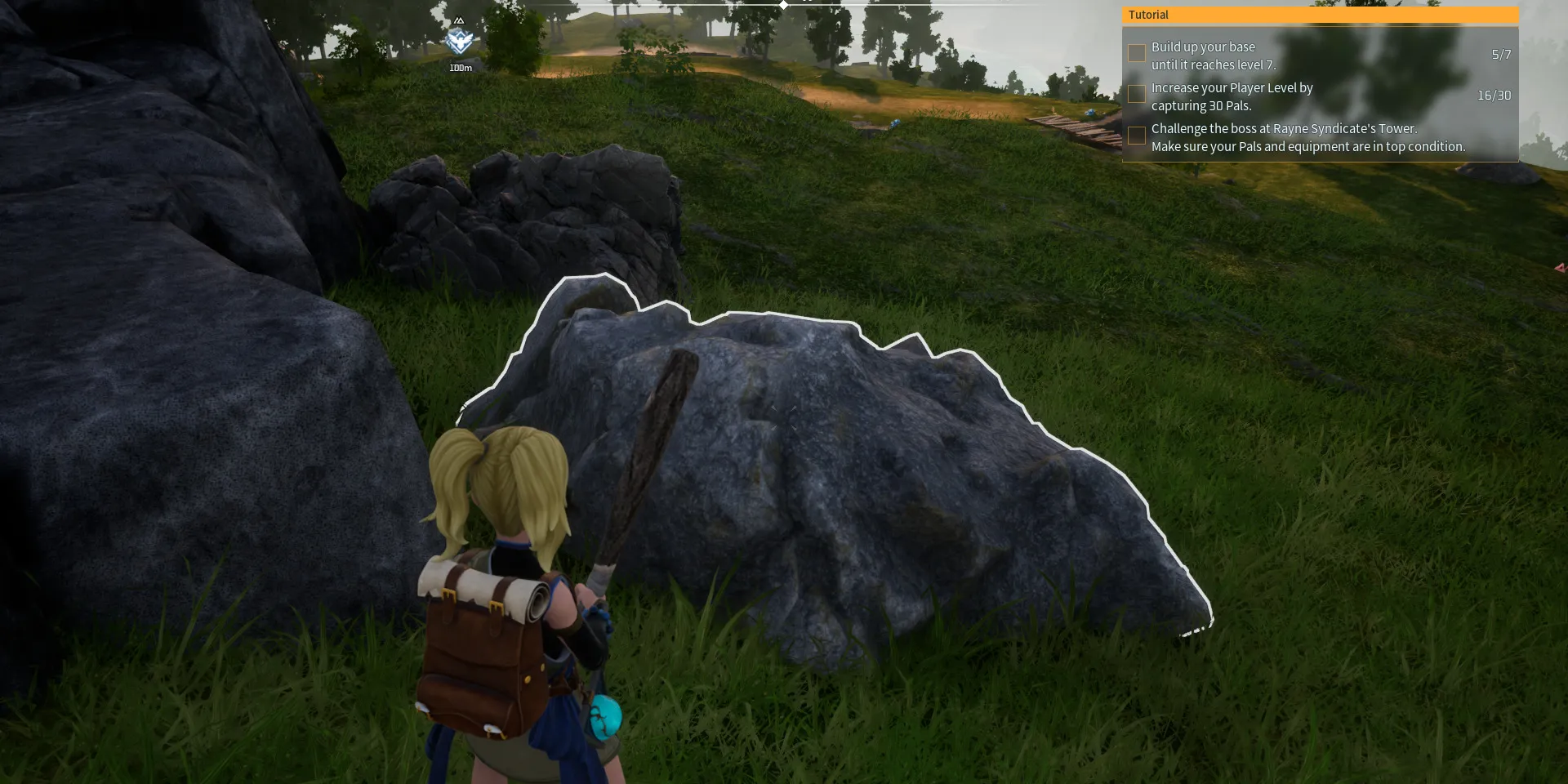 Personaggio che sta davanti a una grande roccia per ottenere pietra in Palworld