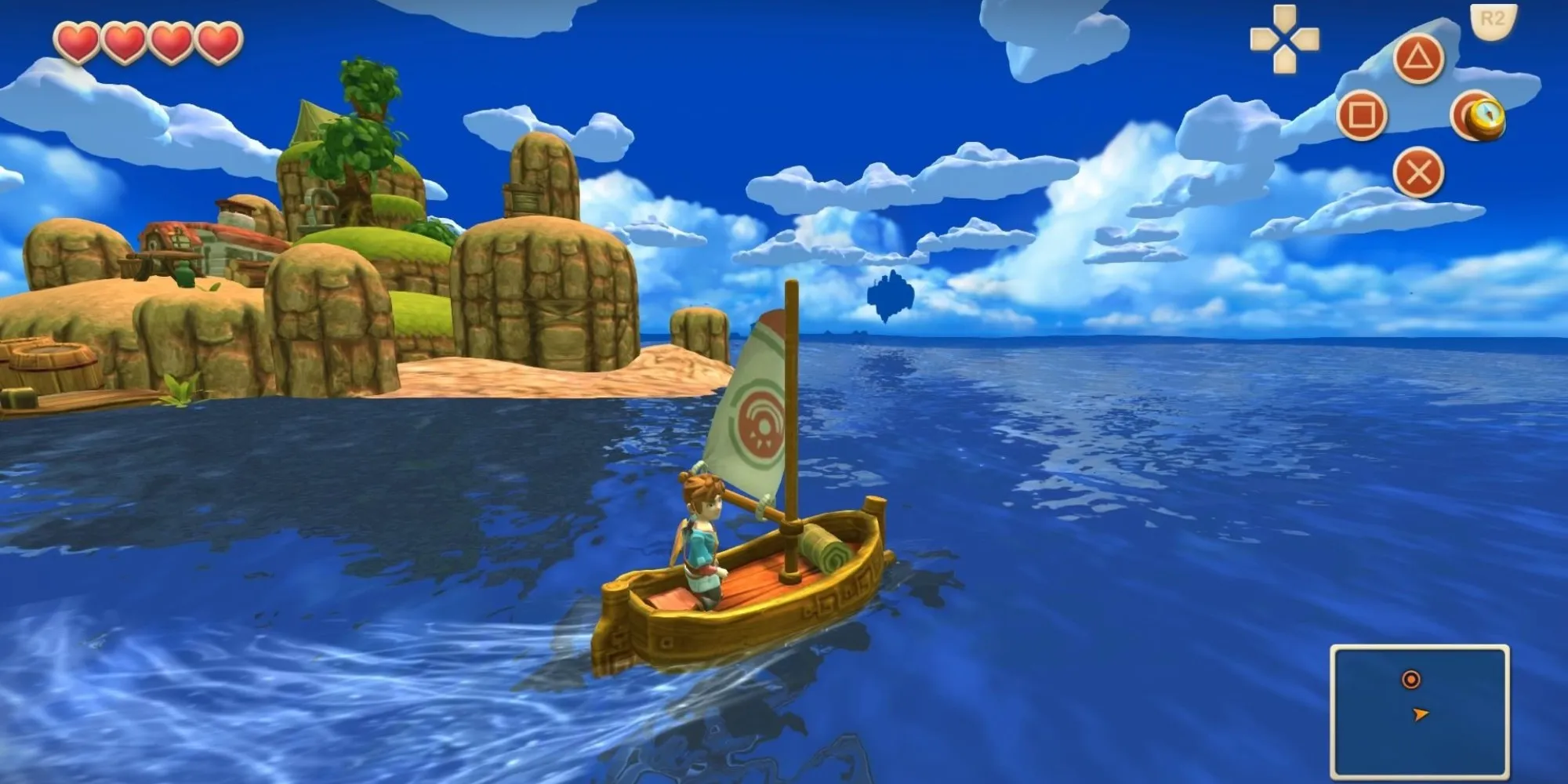 Protagonista navegando en un bote pequeño en los mares de Oceanhorn cerca de una pequeña isla