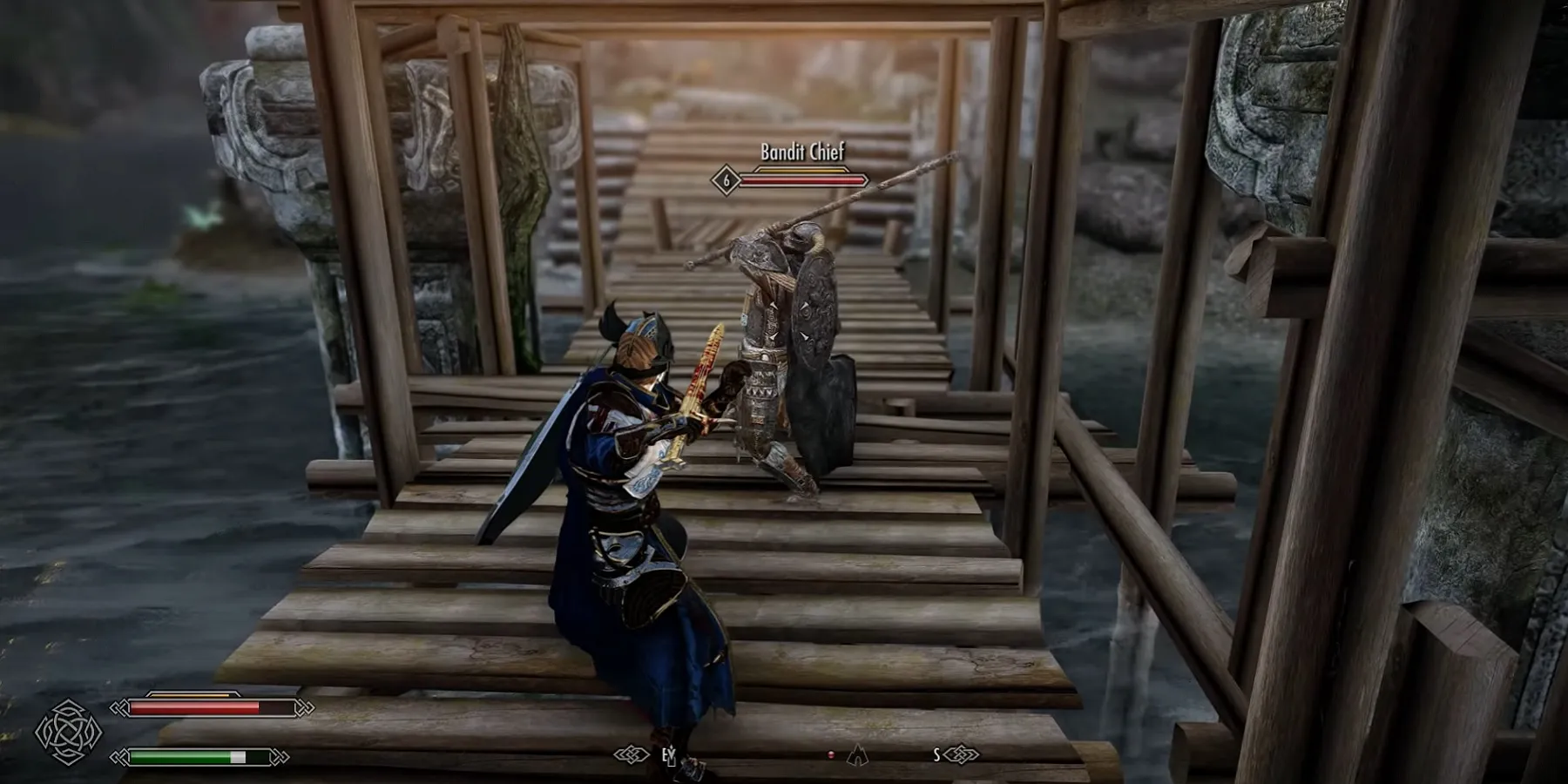Image from Skyrim showing two people about to engage in combat on a bridge.