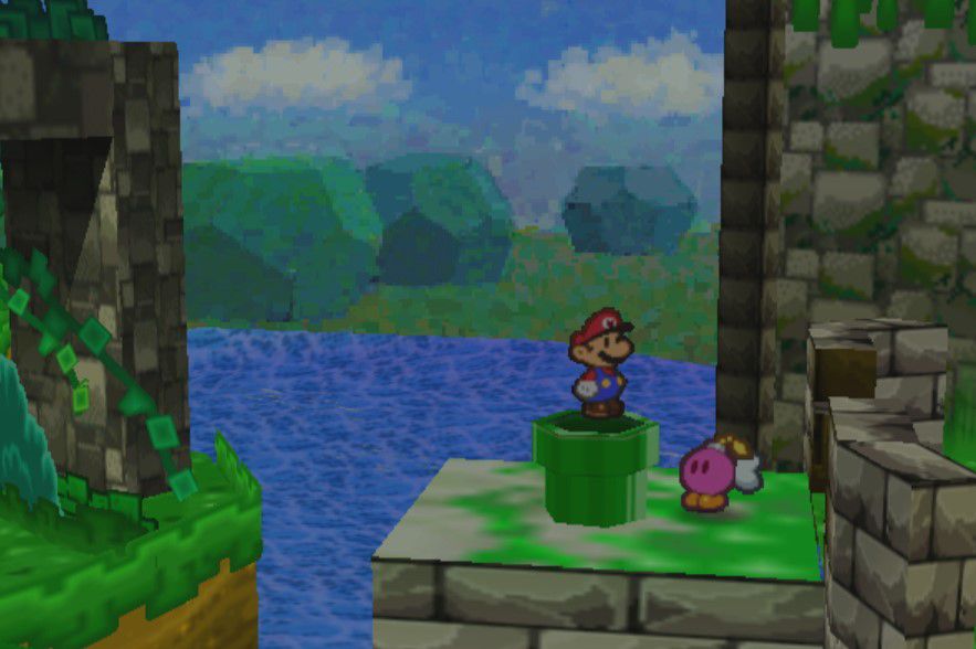 Un ritaglio di carta di Mario sta su un tubo di fronte a una scena 3D texture in Paper Mario