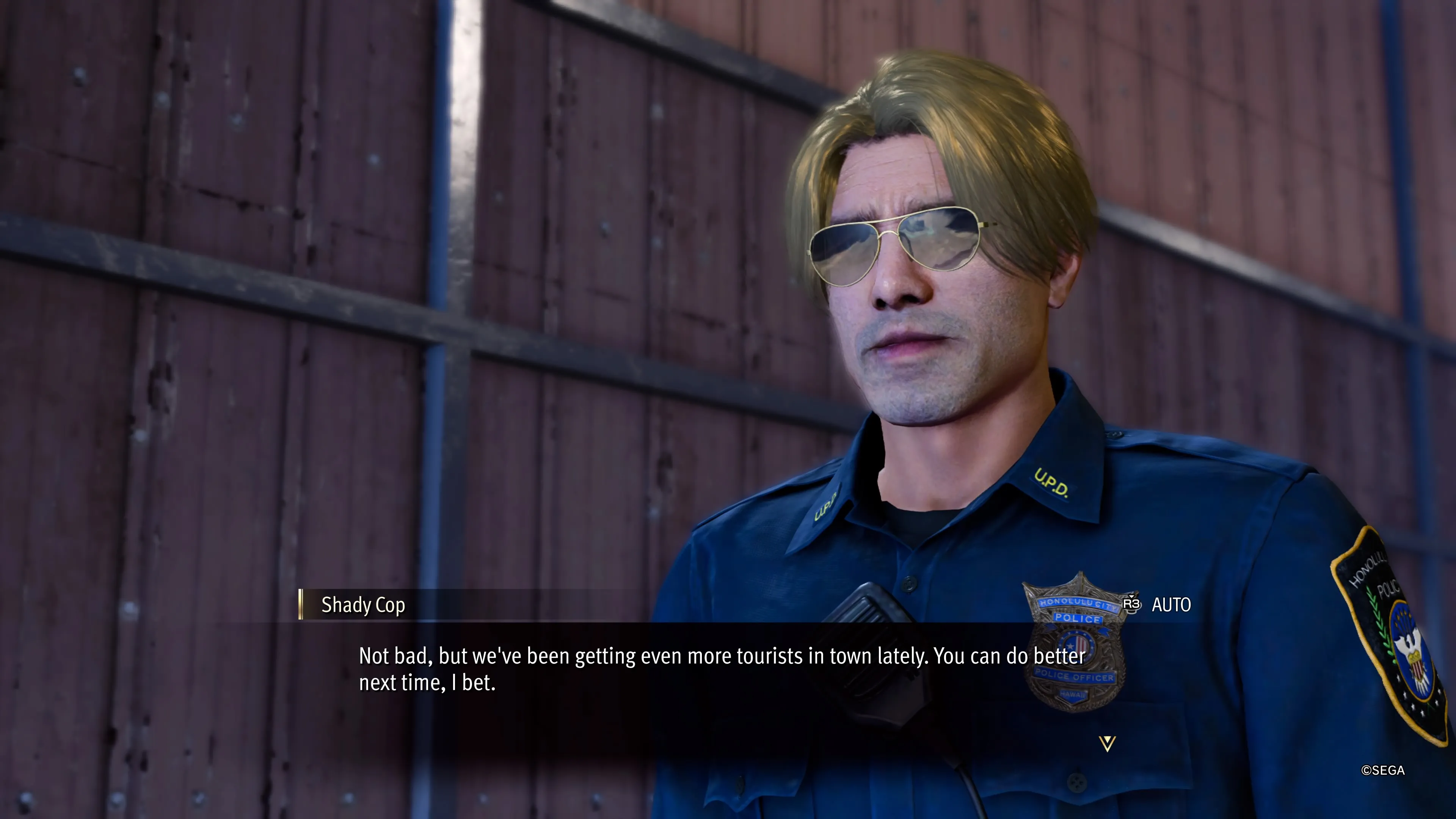 A blond-haired cop with large sunglasses speaking to Marian in an alleyway in Like A Dragon: Infinite Wealth.