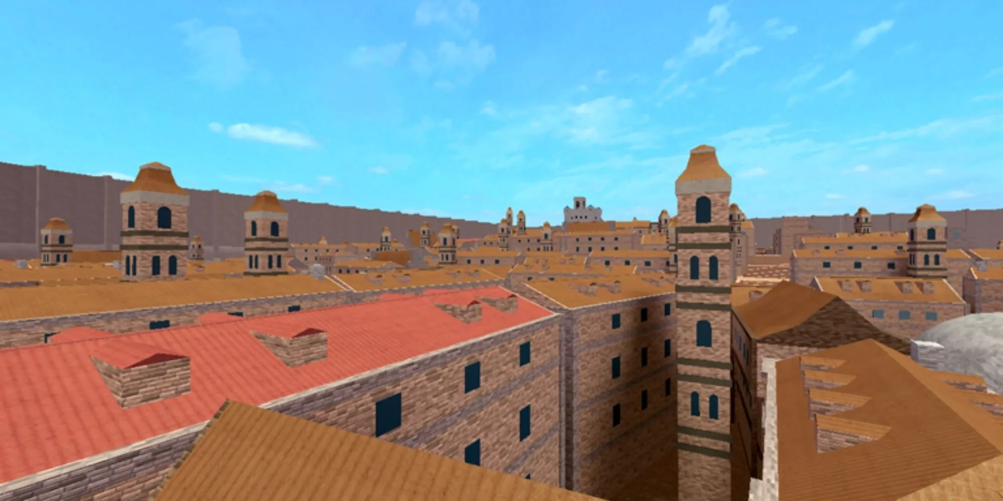 Still image of a city’s terraced houses from Roblox game Downfall Sandbox.