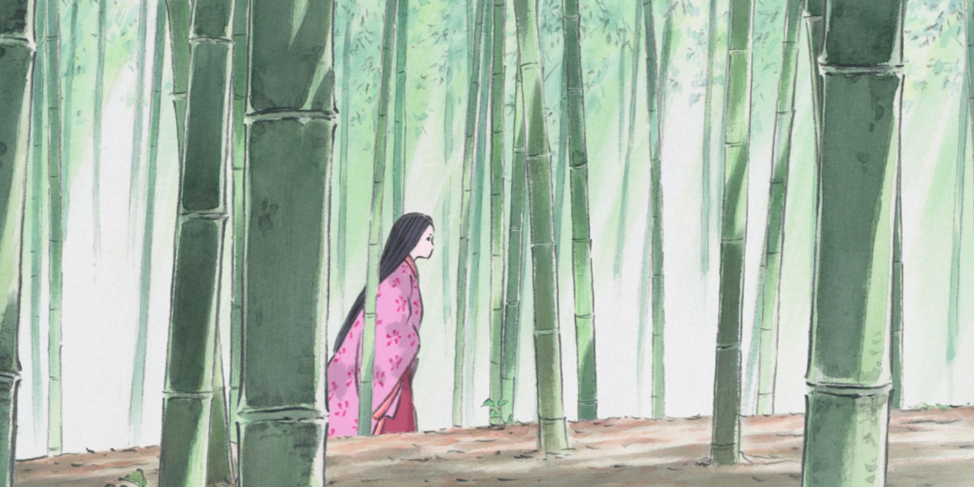Princesse Kaguya marchant à travers une forêt de bambous