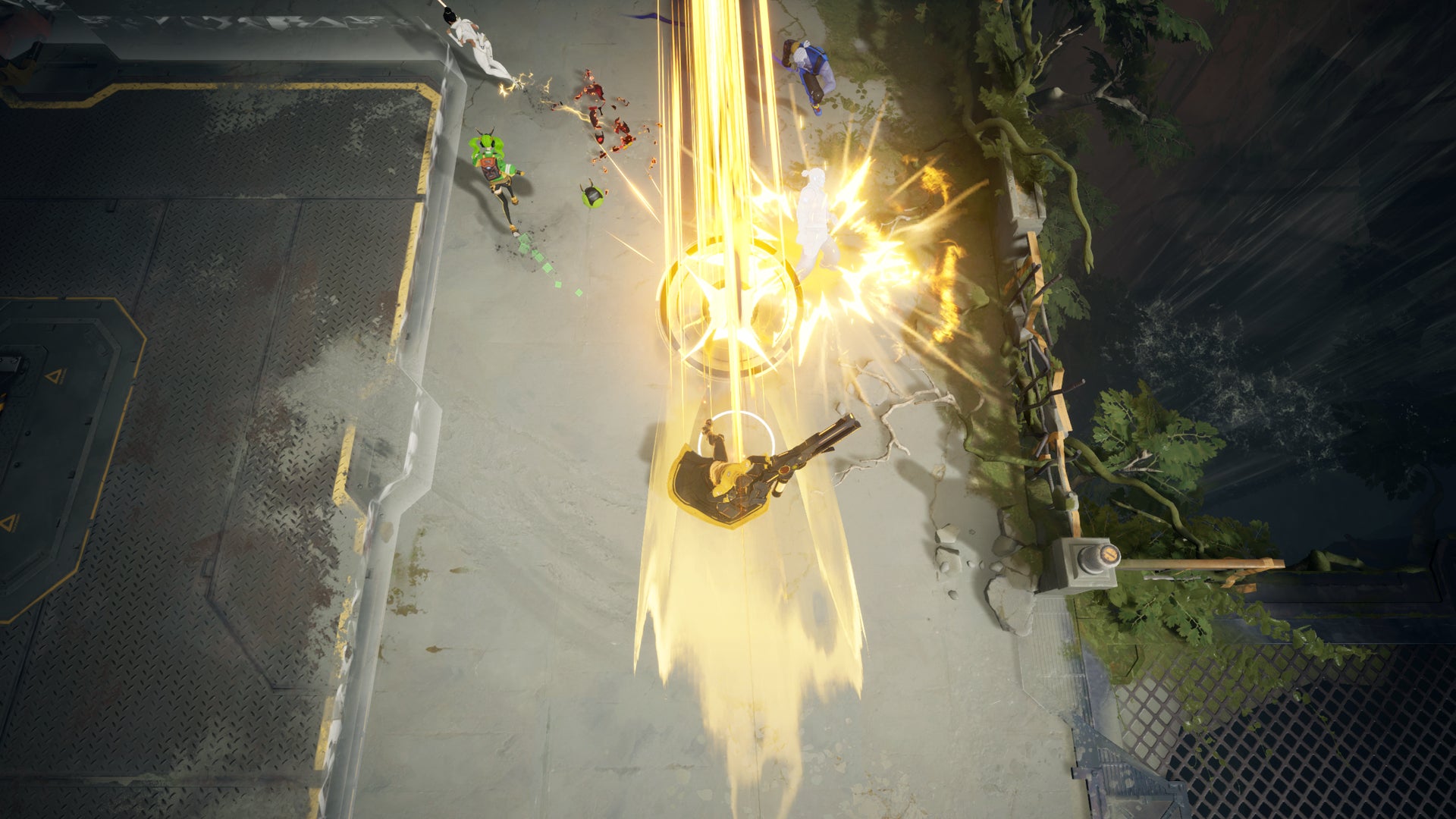 Capture d'écran de Wakerunners montrant un personnage tirant un éclair jaune en perspective aérienne