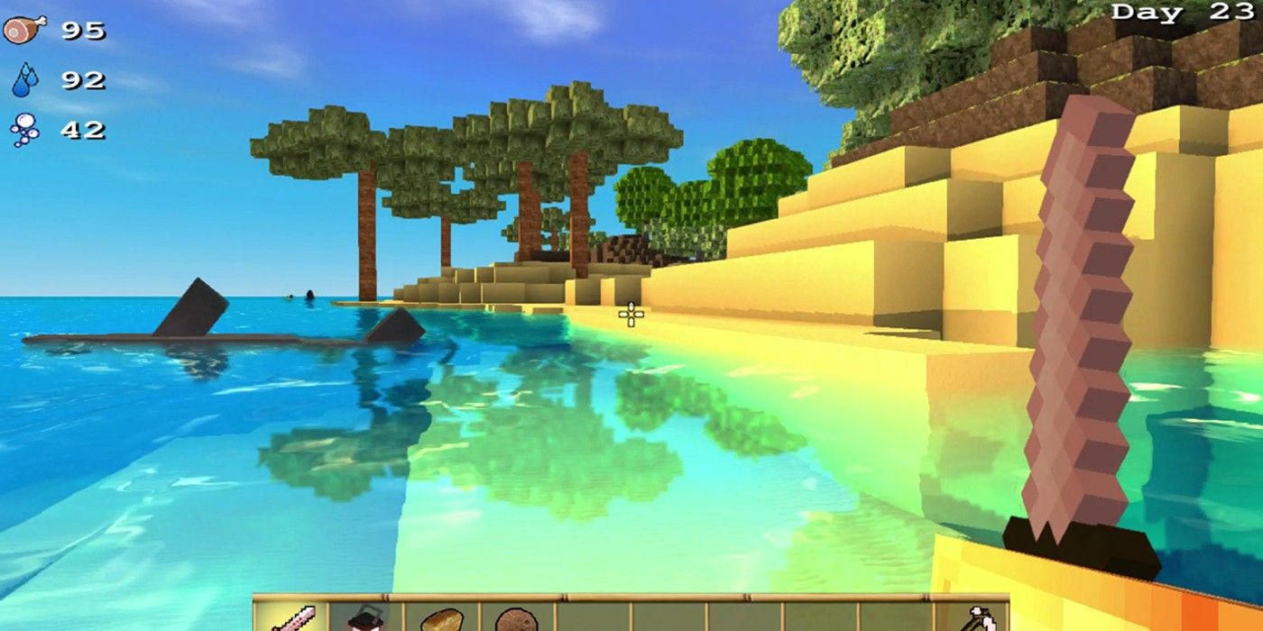 Cube Life survie sur une île avec une plage et des arbres