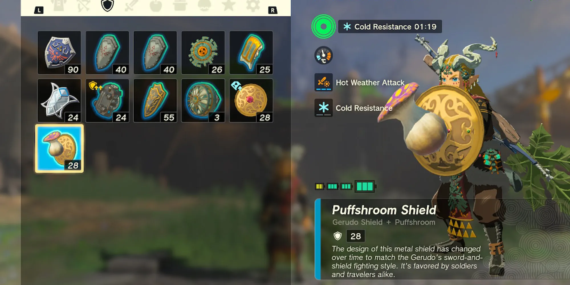 Link empunhando escudo de Puffshroom
