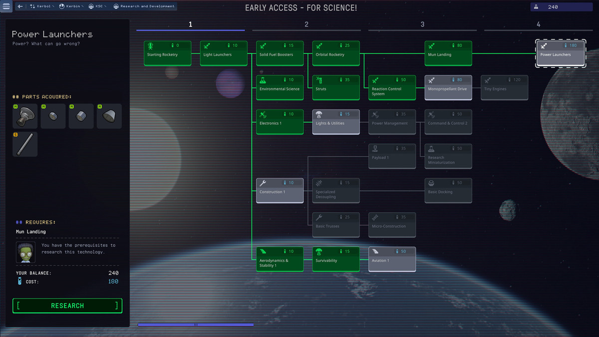 снимок экрана дерева технологий в Kerbal Space Program 2