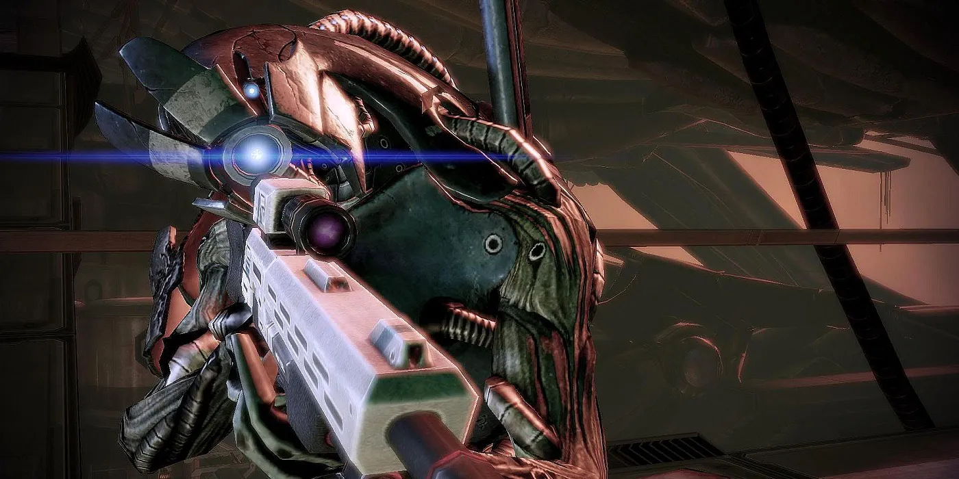 Captura de pantalla de Mass Effect 2 Legendary Edition de Legion apuntando con su rifle de francotirador