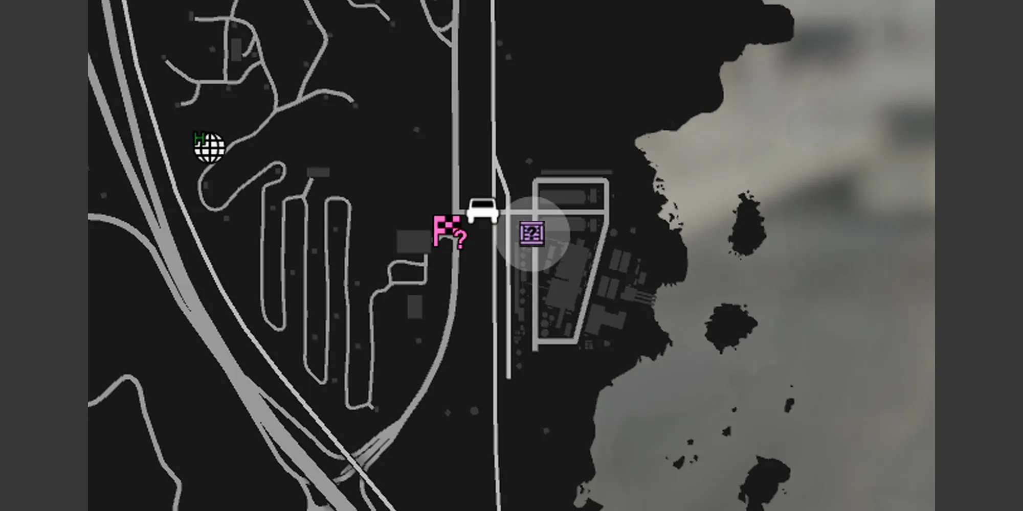 画像はGTAオンラインのマップ上のパーマー・テイラー発電所を示し、灰色の円とG's Cacheの紫色のボックスアイコンが表示されています。