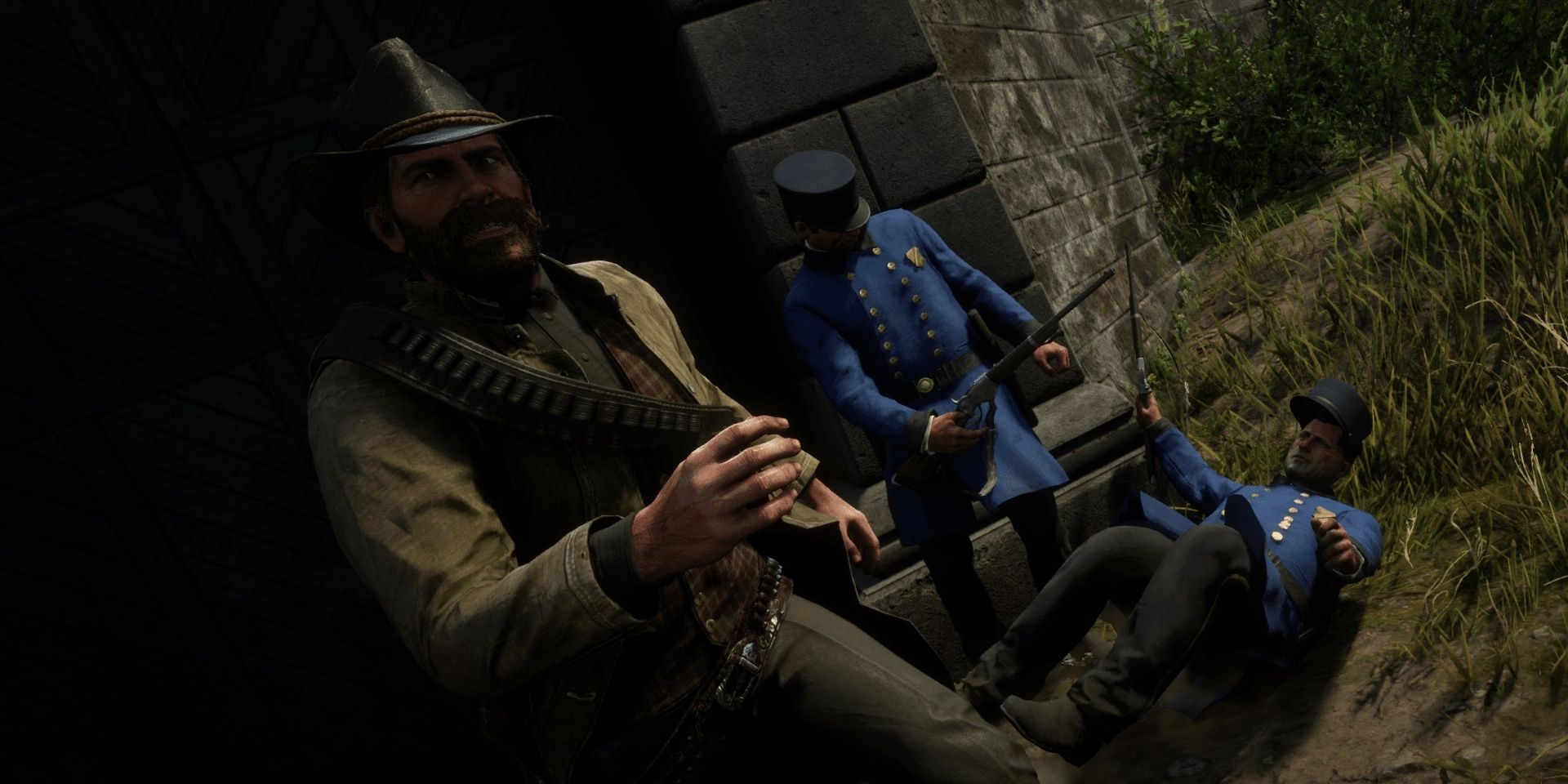 Modalità Riot di Arthur e due poliziotti di Red Dead Redemption 2