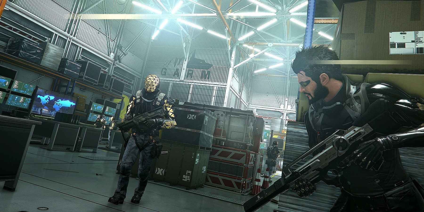 Capture d'écran de Deus Ex Mankind Divided montrant Adam Jensen se cachant d'un ennemi en patrouille.