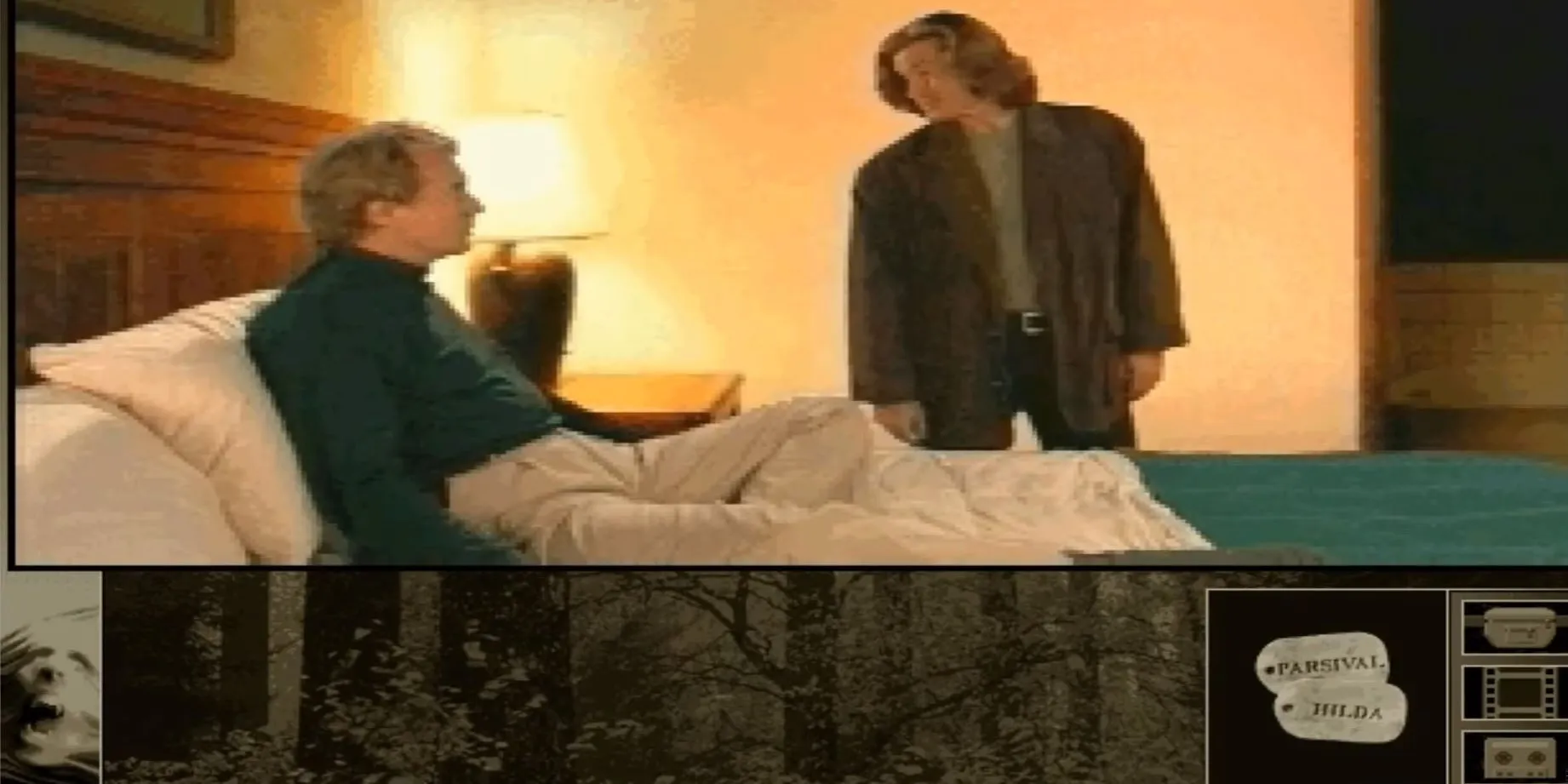 Gabriel Knight de pie sobre un hombre acostado en la cama