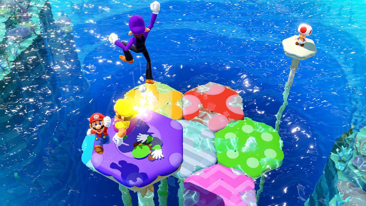Mario e amici su un grosso fungo in Mario Party Superstars