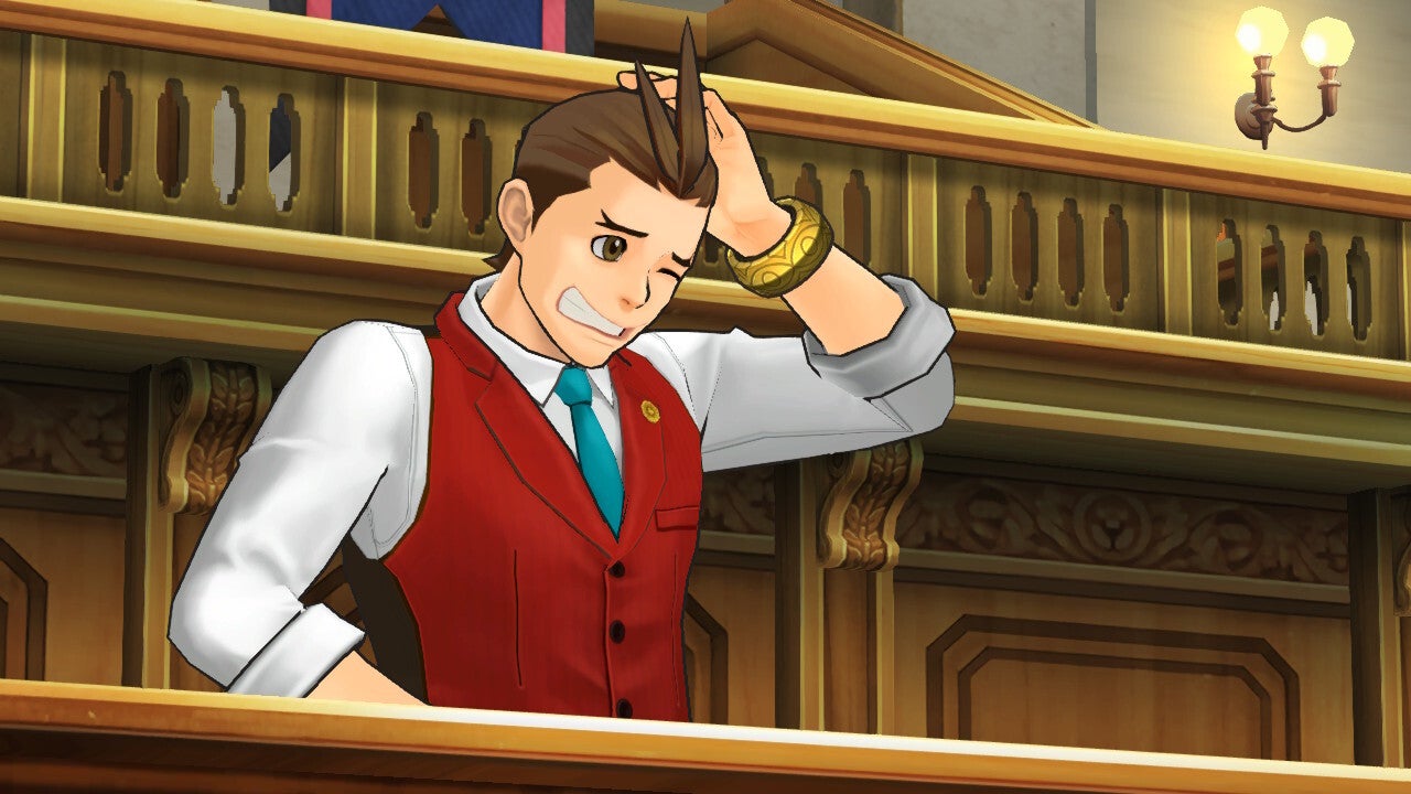 Captura de pantalla de la Trilogía de Apollo Justice mostrando a Apollo Justice avergonzado en la corte