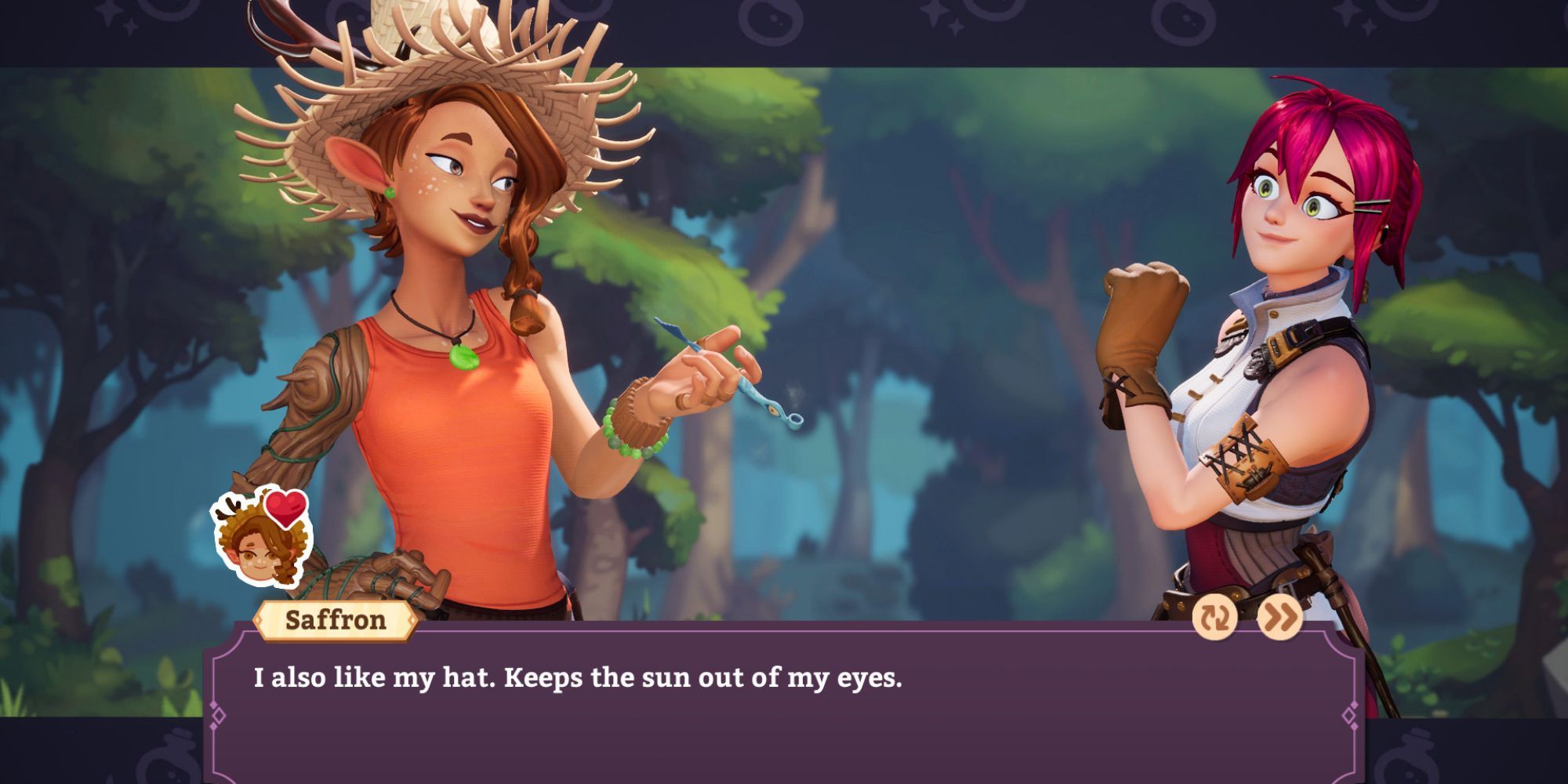 Saffron dit au joueur comment elle aime son chapeau car il lui protège les yeux du soleil dans Potionomics