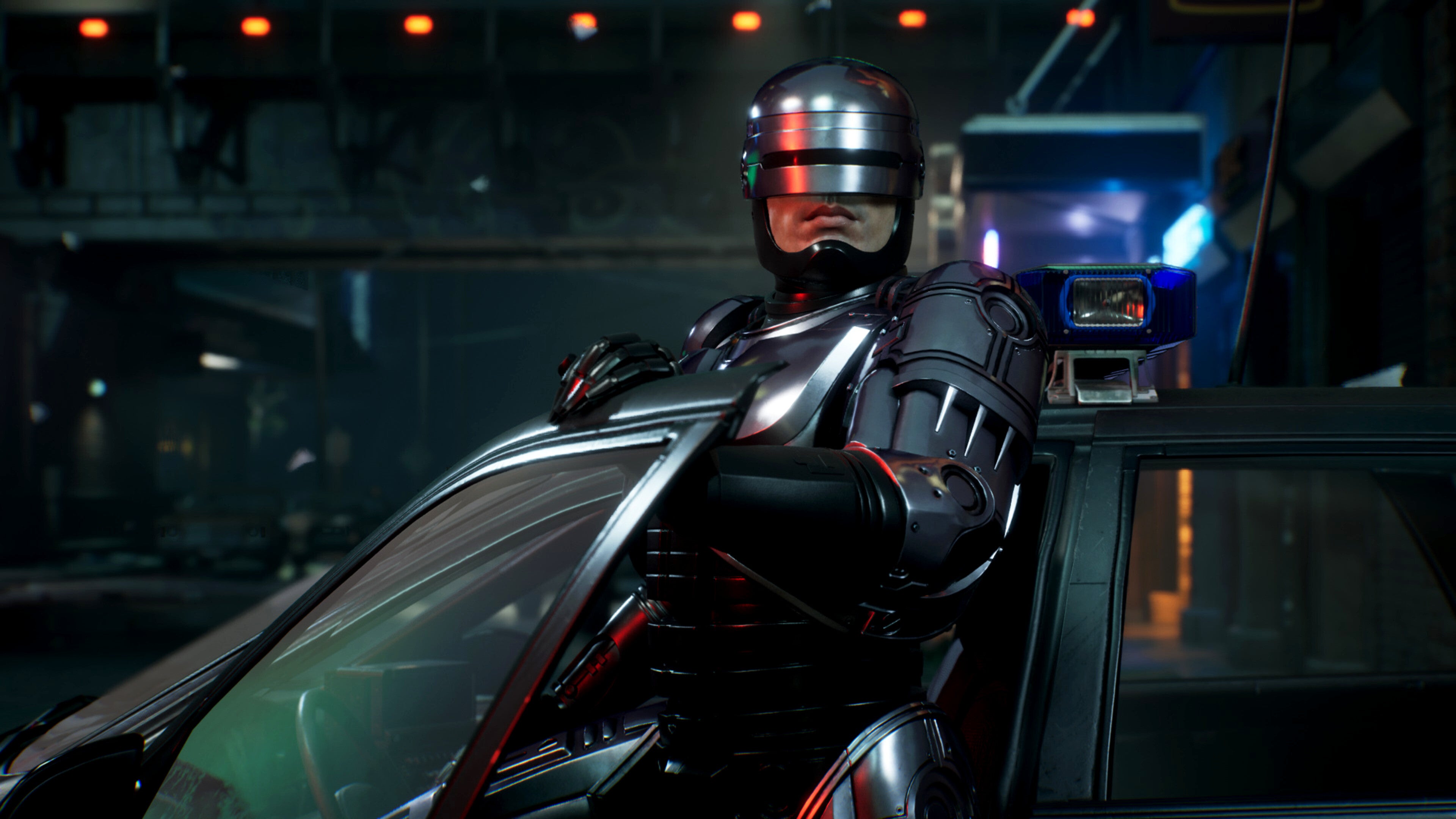 RoboCop: Rogue City screenshot ufficiale che mostra RoboCop uscire da una macchina.