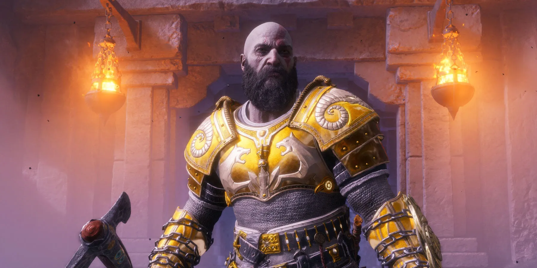 Captura de pantalla de Kratos vistiendo armadura dorada en God of War Ragnarok Valhalla.